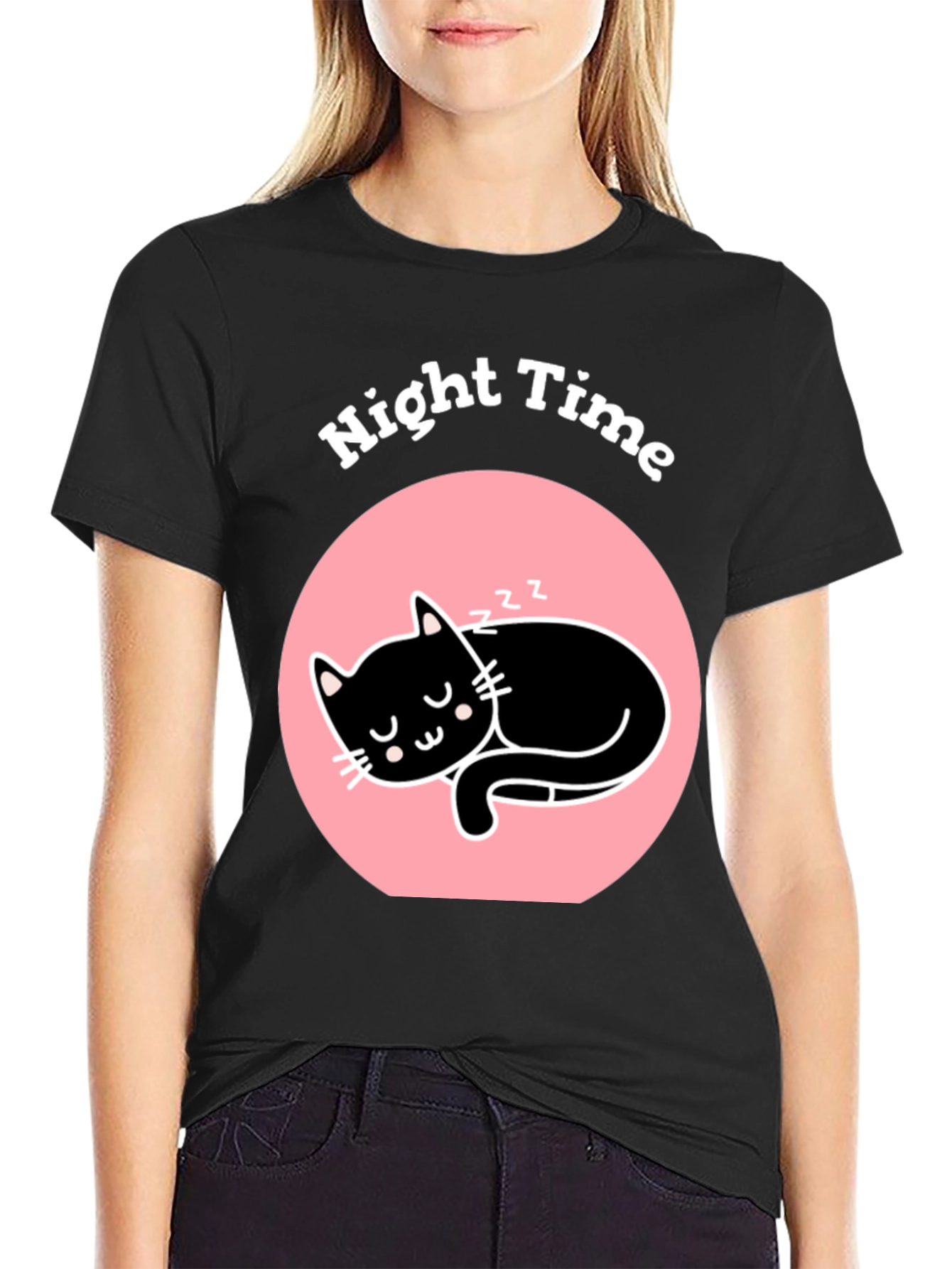 Night Time Sleeping Cat Graphic T-Shirt