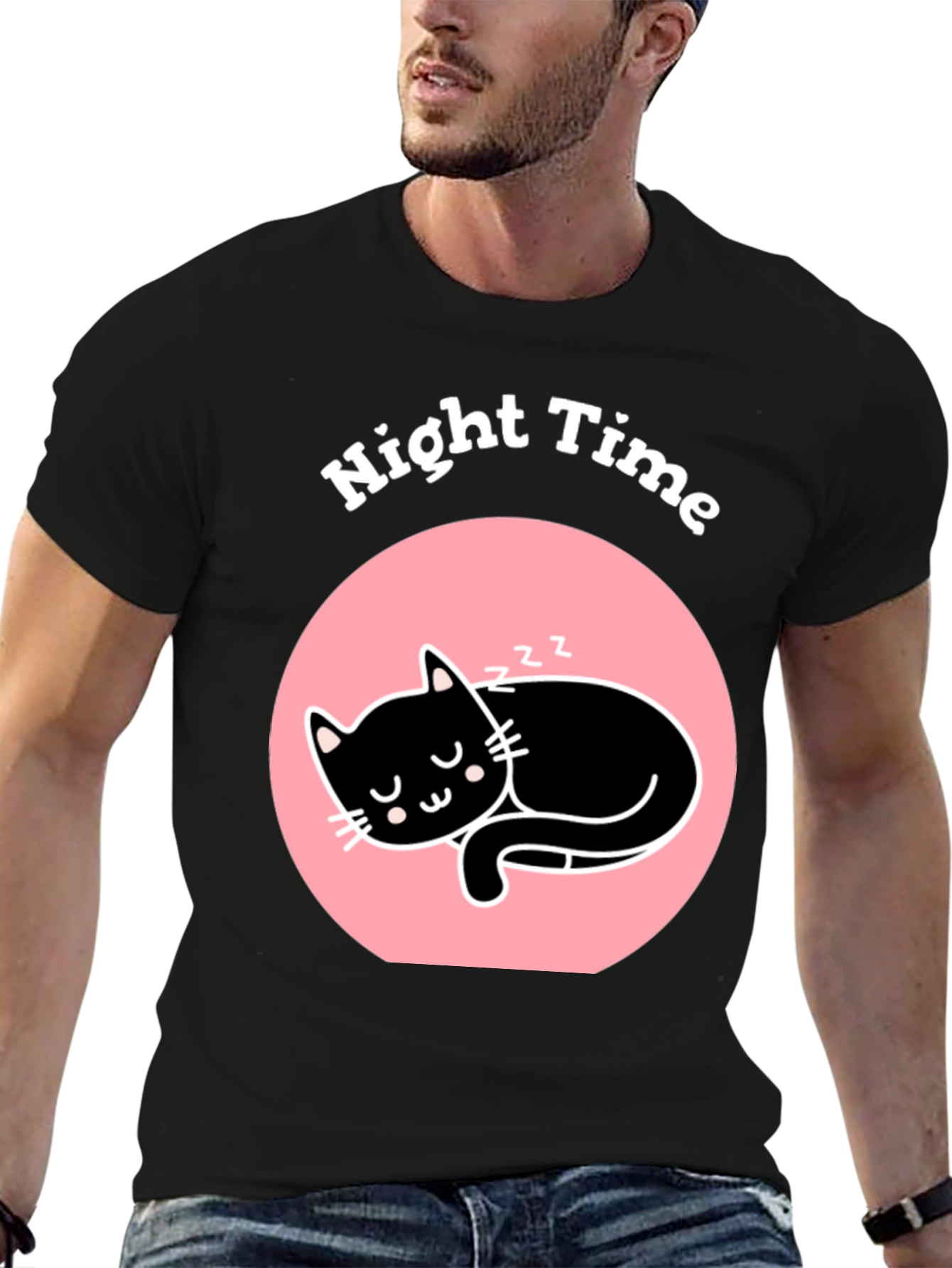 Night Time Sleeping Cat Graphic T-Shirt