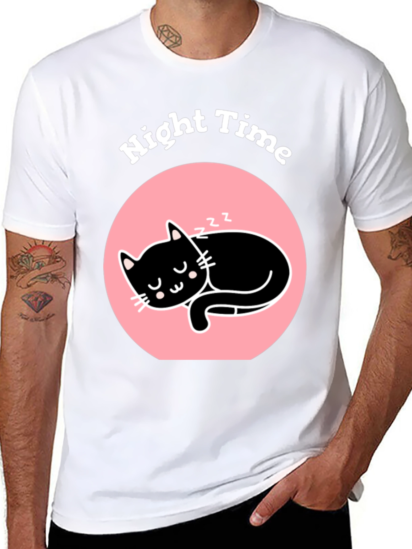 Night Time Sleeping Cat Graphic T-Shirt