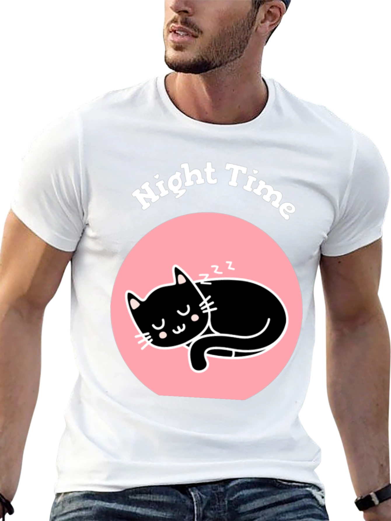 Night Time Sleeping Cat Graphic T-Shirt