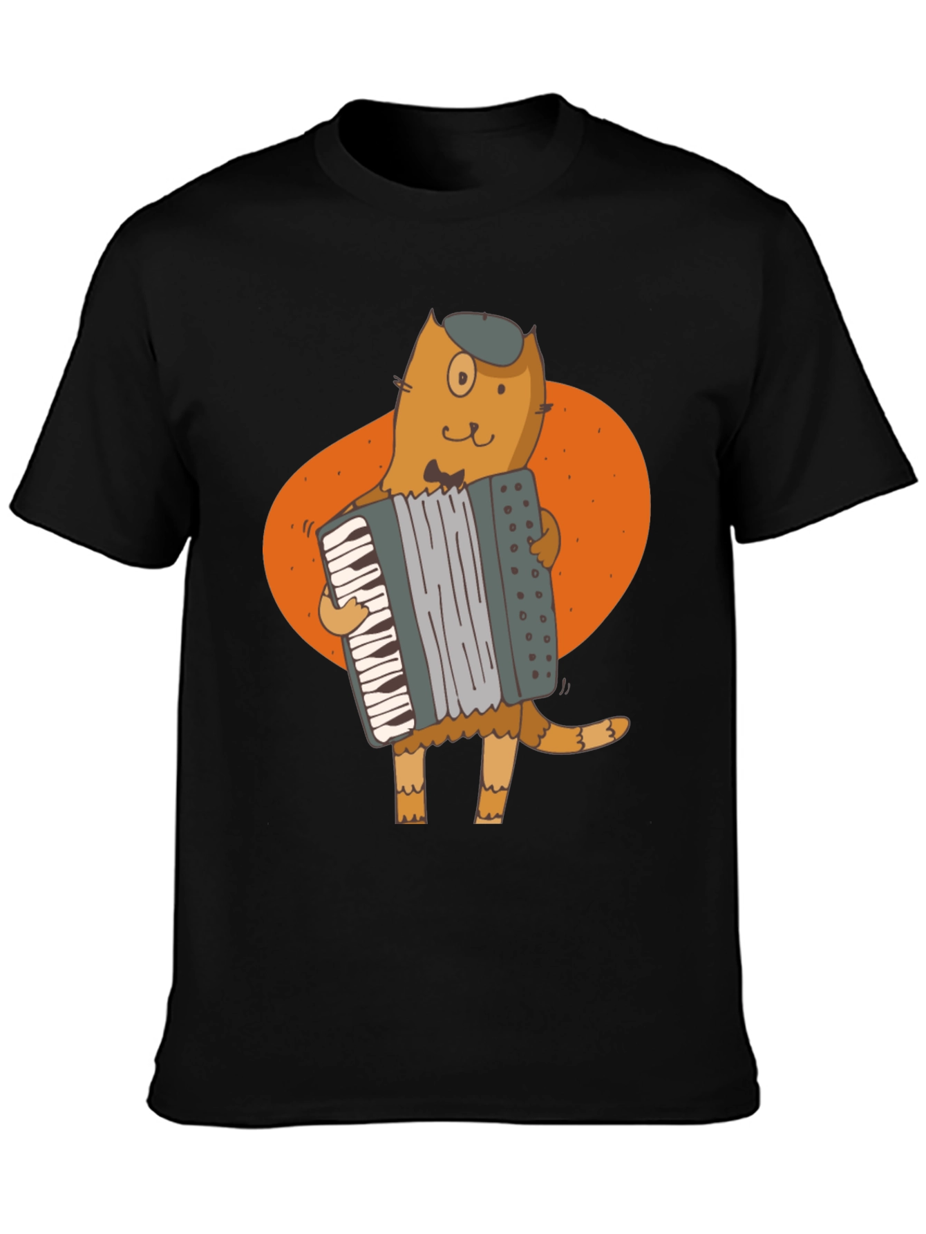 Cat Accordion Player Black T-Shirt