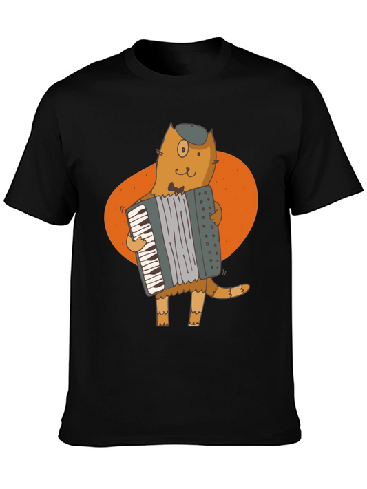 Cat Accordion Player Black T-Shirt