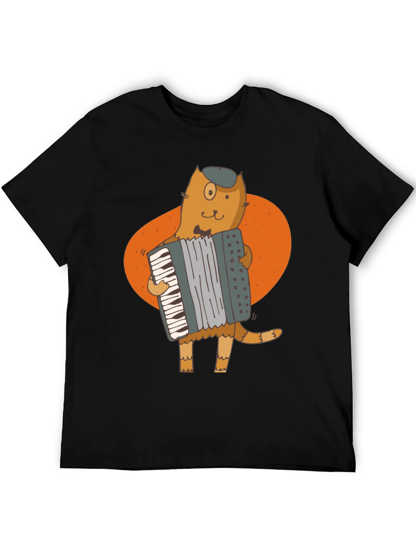 Cat Accordion Player Black T-Shirt