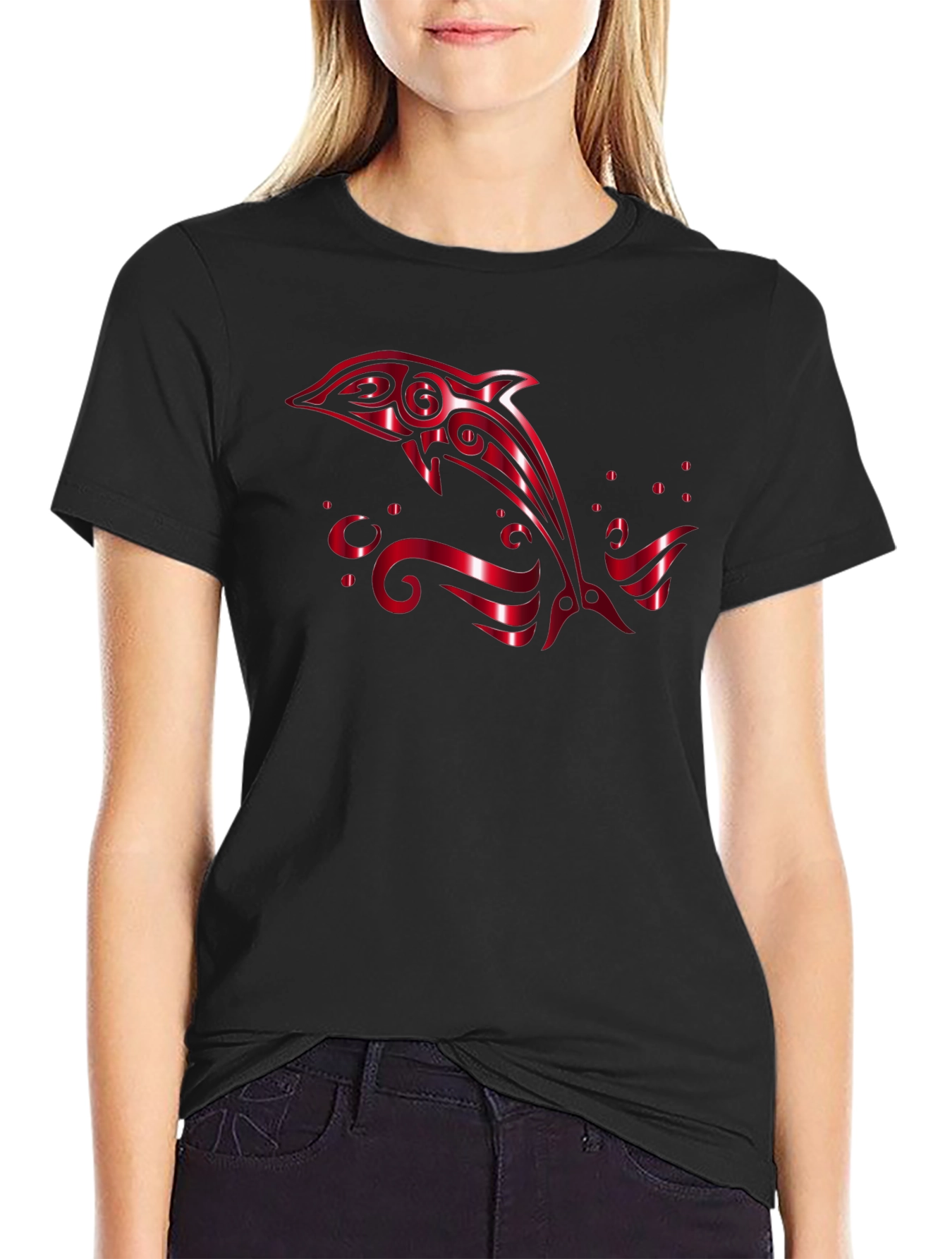 Stylish Black T-Shirt with Red Dolphin Design
