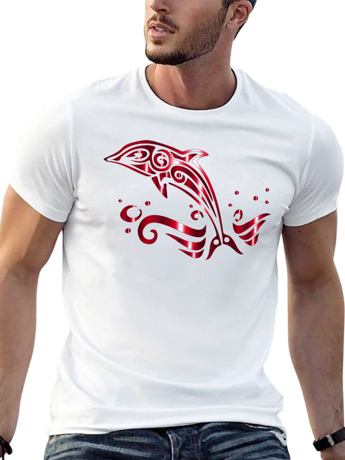 Stylish Black T-Shirt with Red Dolphin Design