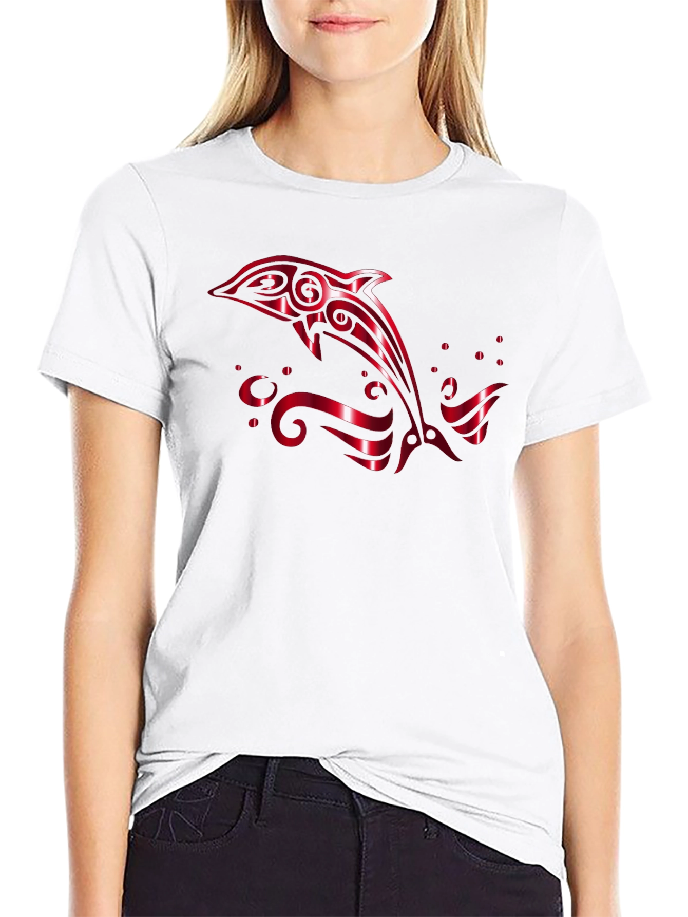 Stylish Black T-Shirt with Red Dolphin Design