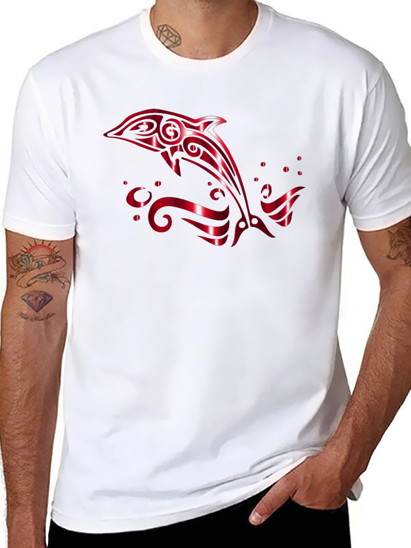 Stylish Black T-Shirt with Red Dolphin Design