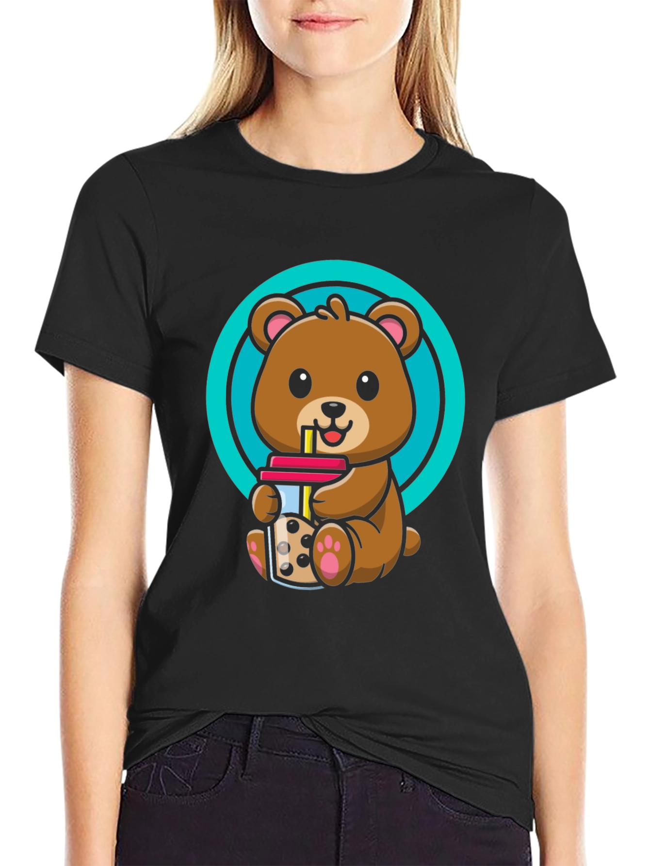 Cute Bear Boba T-Shirt - Unisex Black Tee