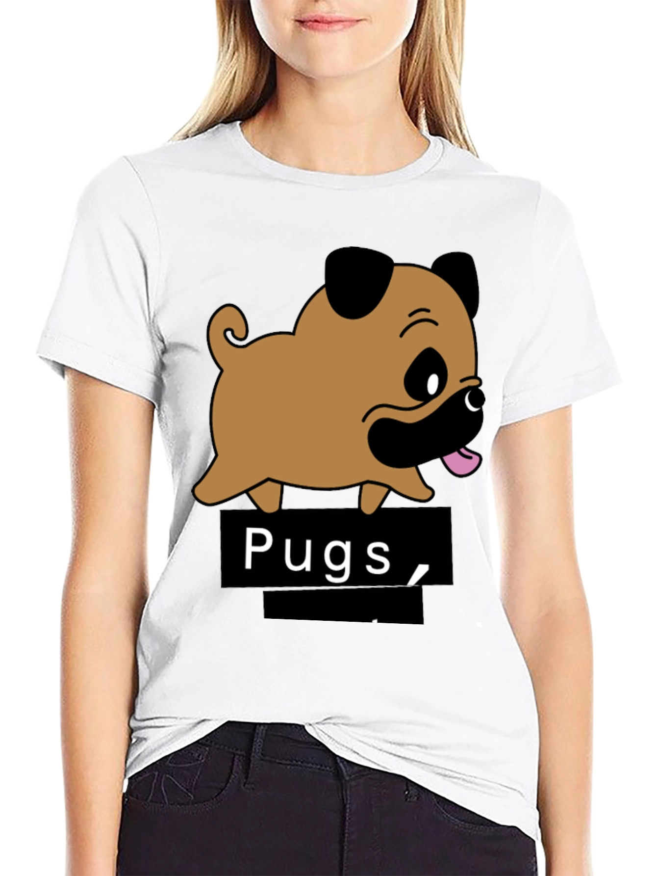 Cute Pugs Cartoon Black T-Shirt