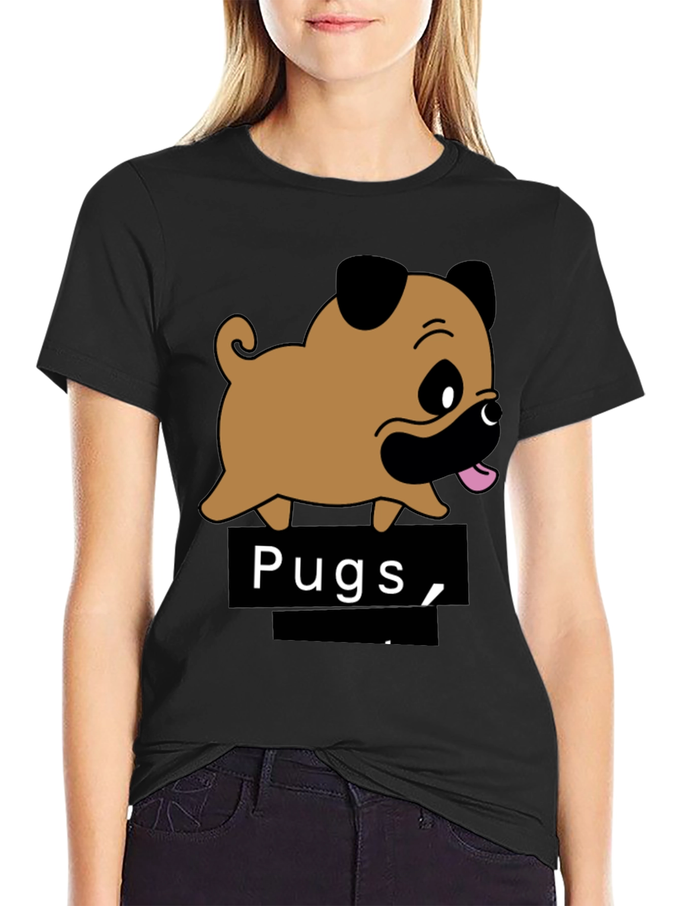 Cute Pugs Cartoon Black T-Shirt