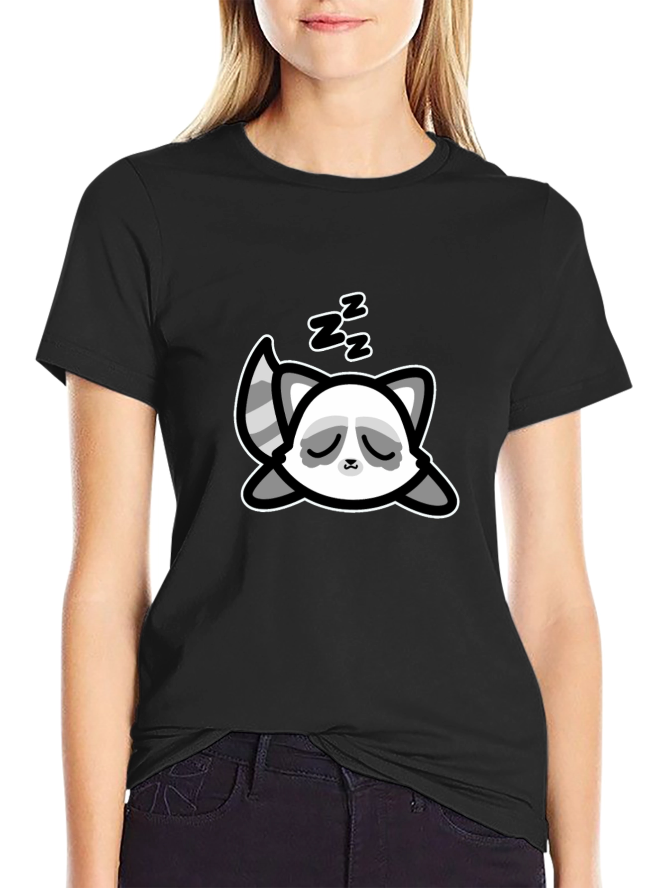 Cute Sleeping Raccoon Graphic T-Shirt - Black