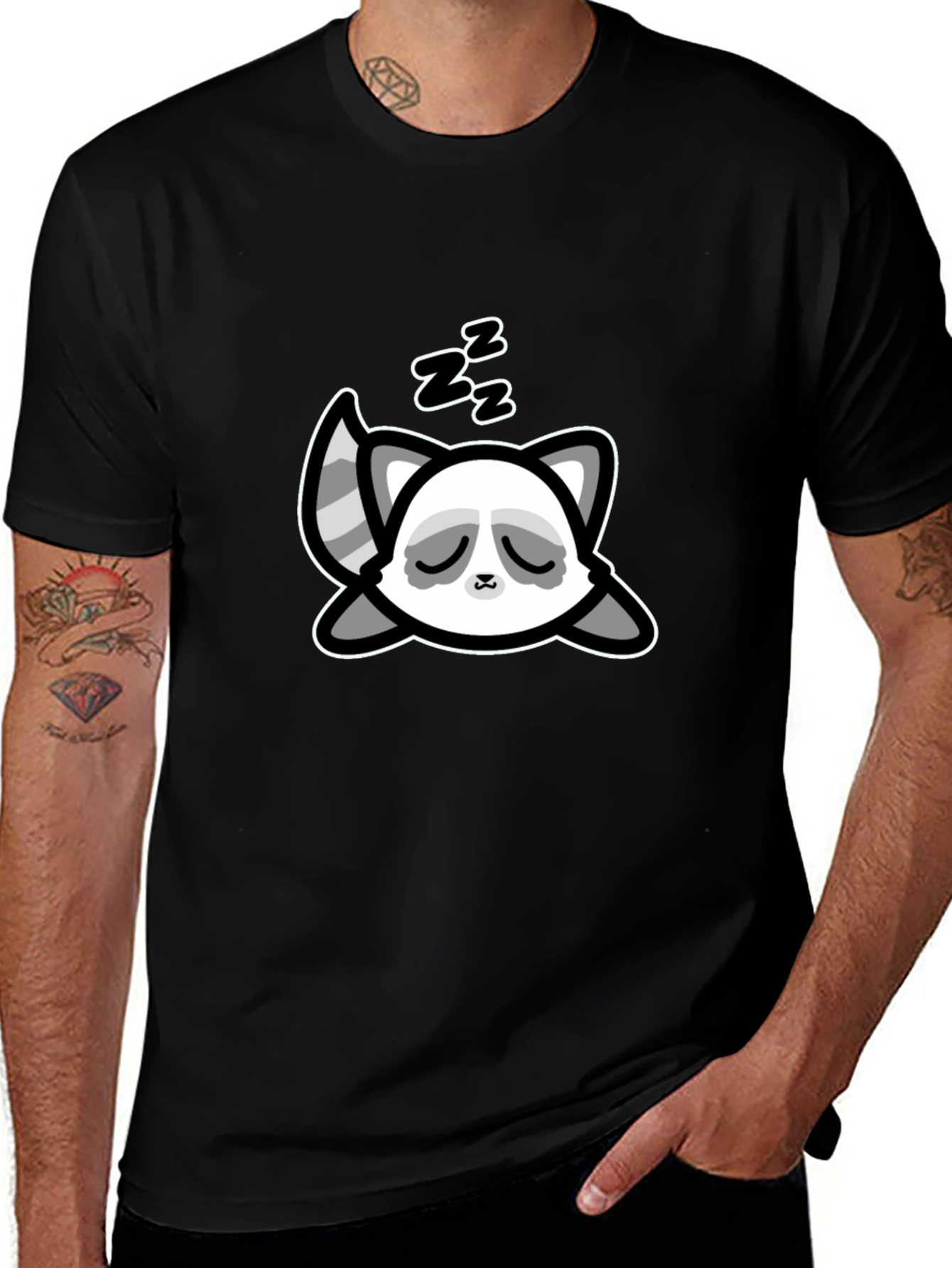 Cute Sleeping Raccoon Graphic T-Shirt - Black