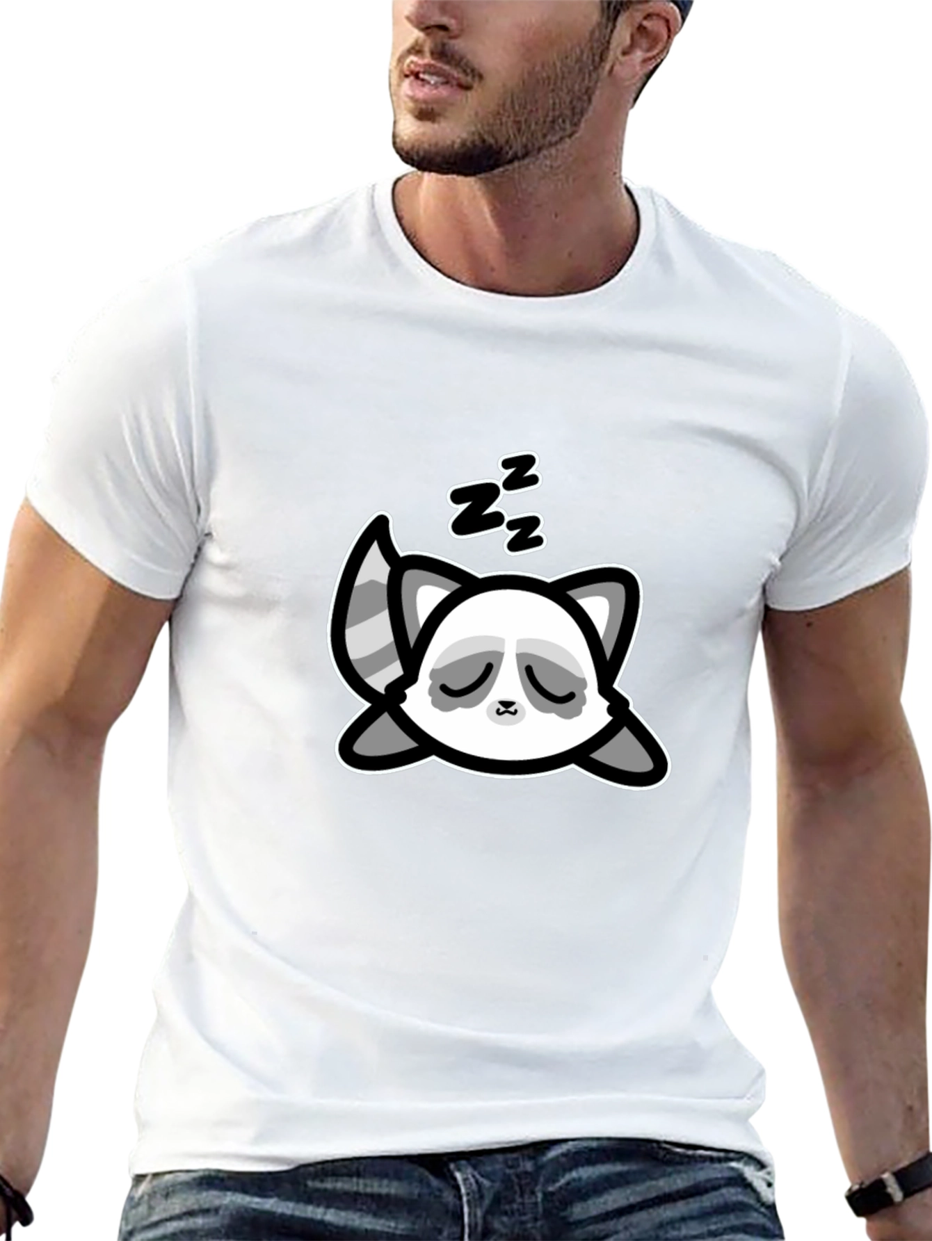 Cute Sleeping Raccoon Graphic T-Shirt - Black