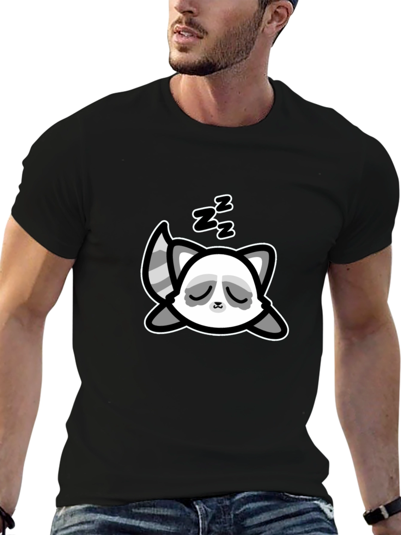 Cute Sleeping Raccoon Graphic T-Shirt - Black