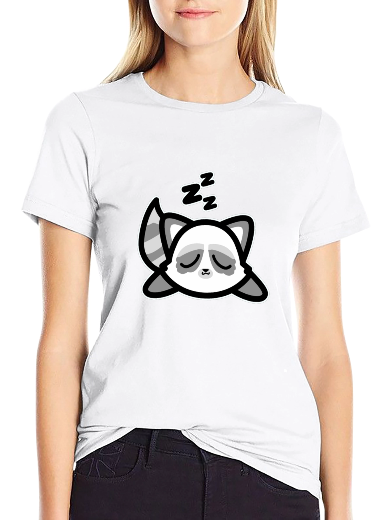 Cute Sleeping Raccoon Graphic T-Shirt - Black