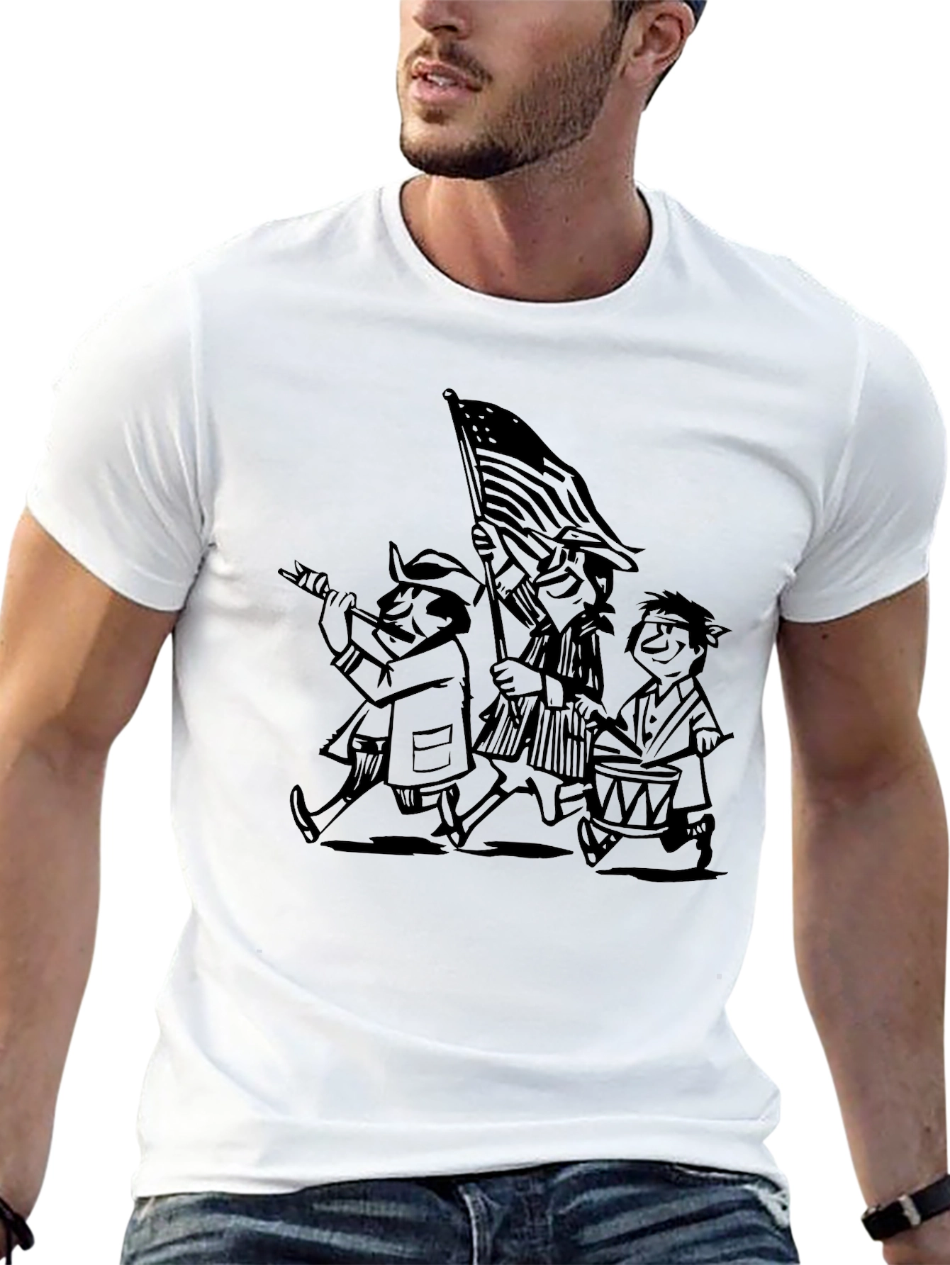 Patriotic Cartoon Print Black T-Shirt