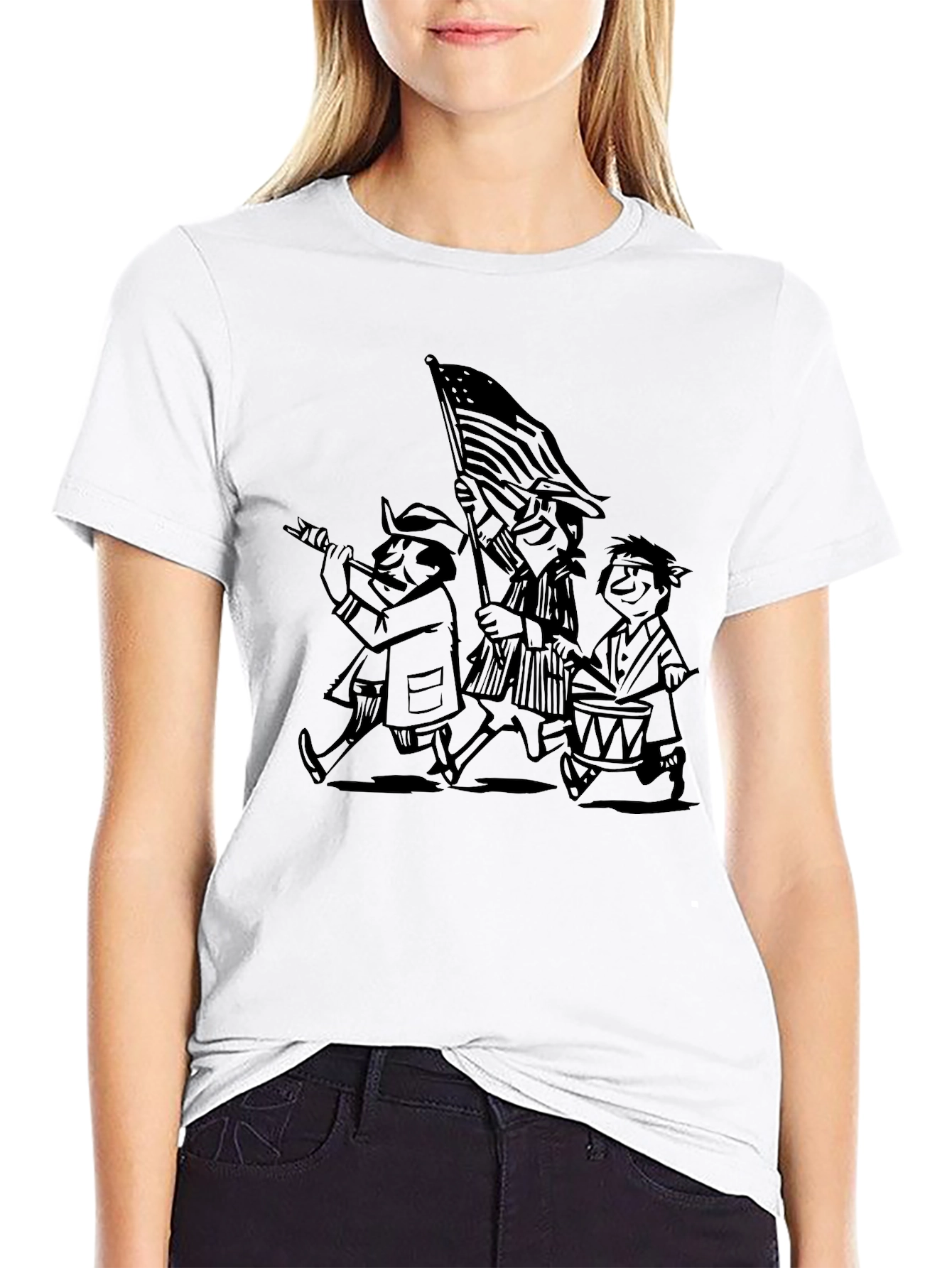 Patriotic Cartoon Print Black T-Shirt