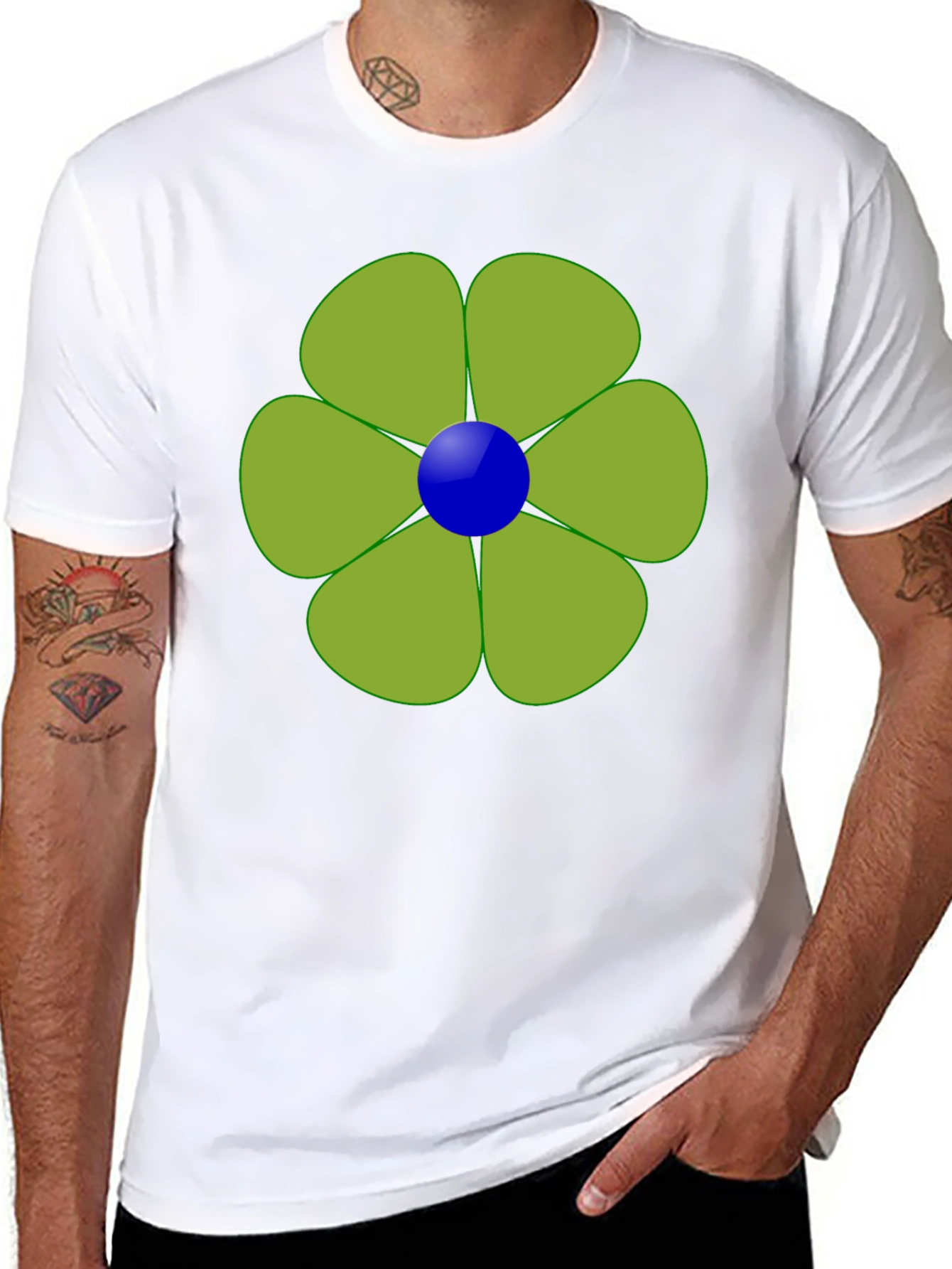 Green Flower Graphic Black Tee Casual Wear