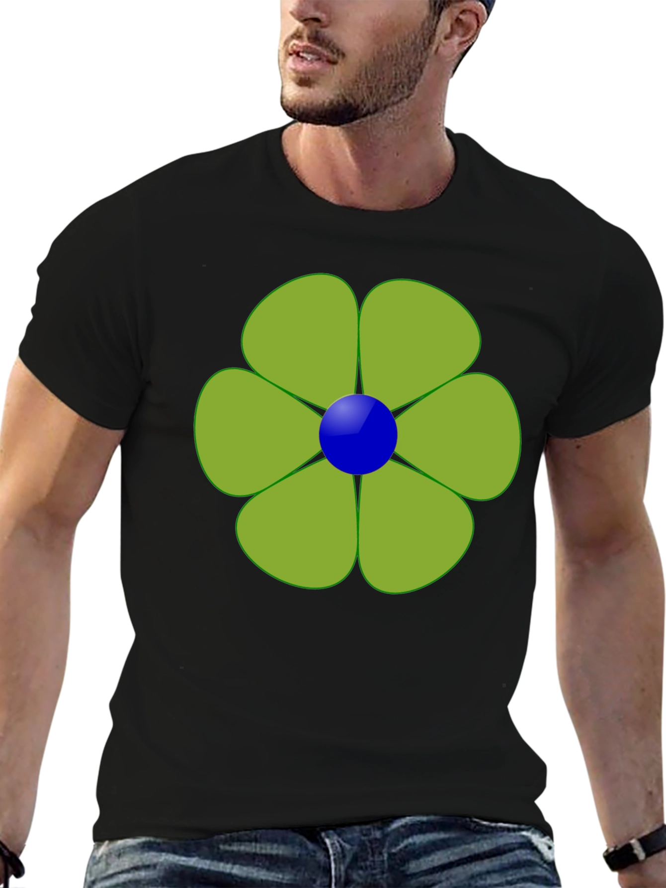 Green Flower Graphic Black Tee Casual Wear