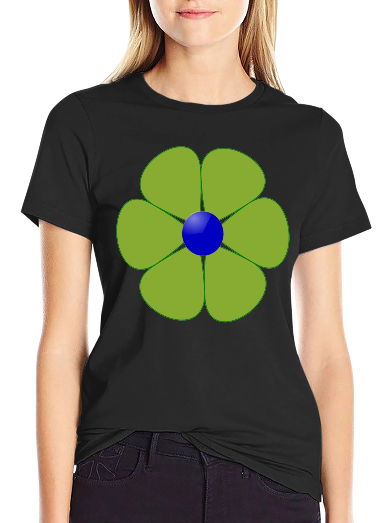 Green Flower Graphic Black Tee Casual Wear
