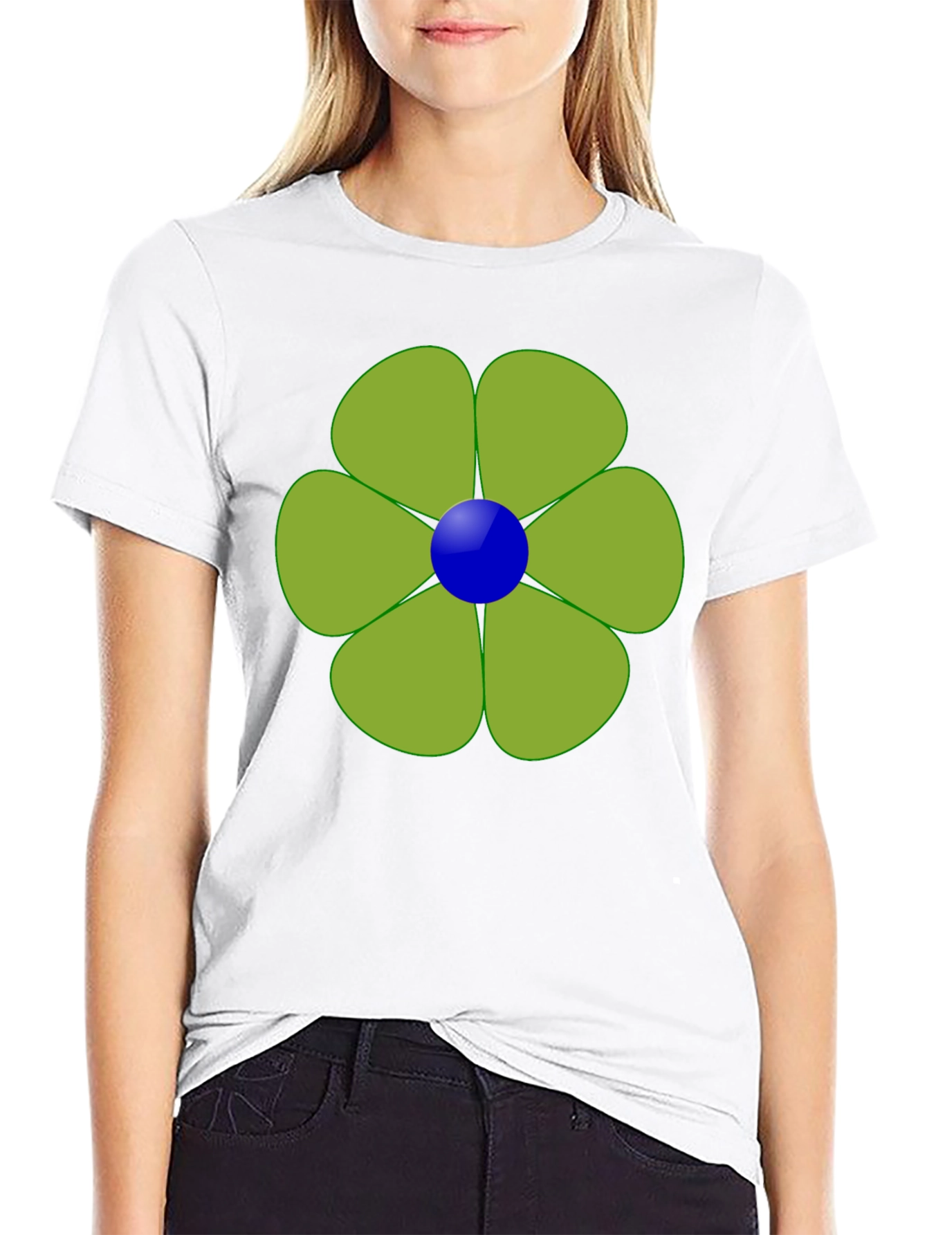 Green Flower Graphic Black Tee Casual Wear