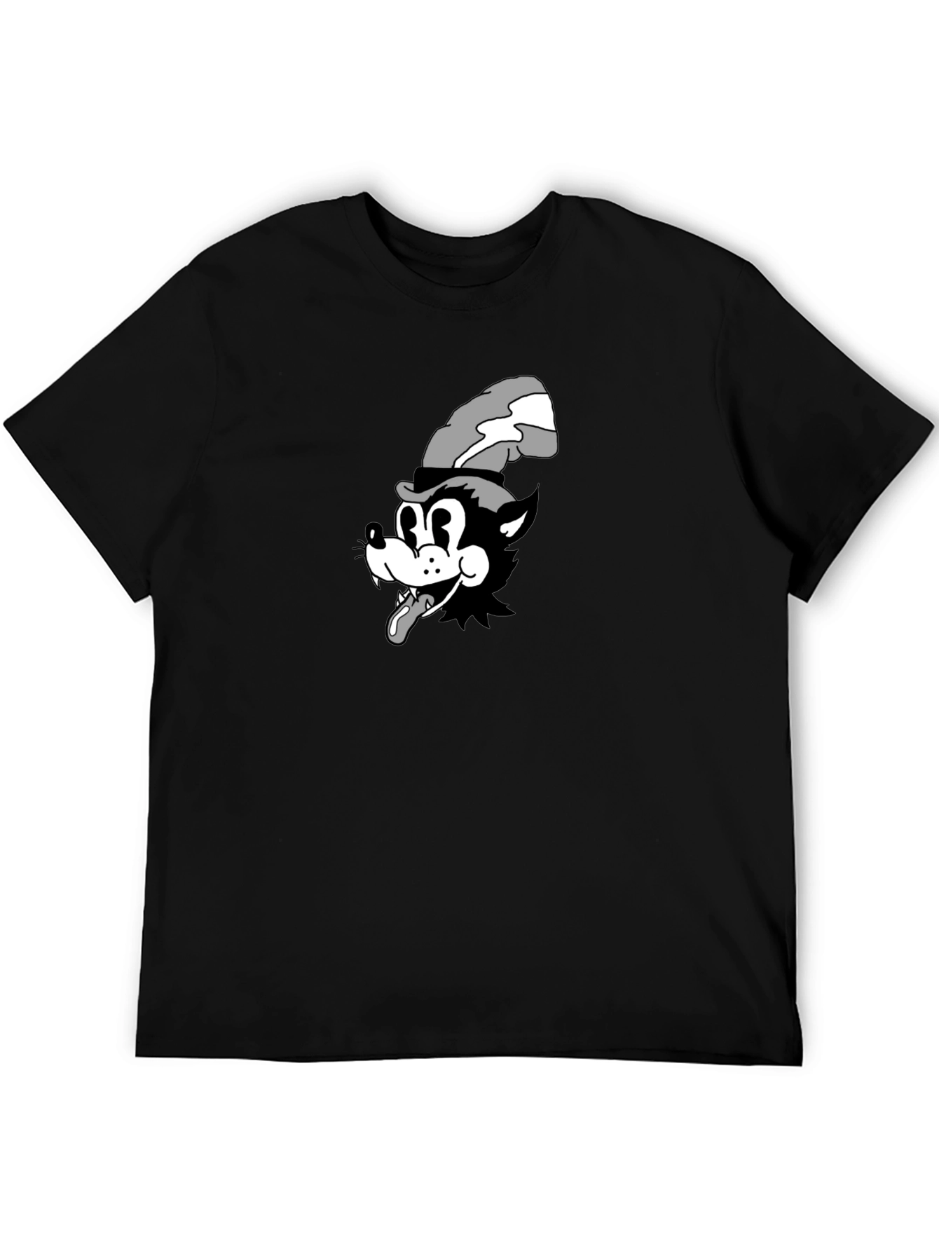Cartoon Wolf Graphic Tee - Black Cotton T-Shirt