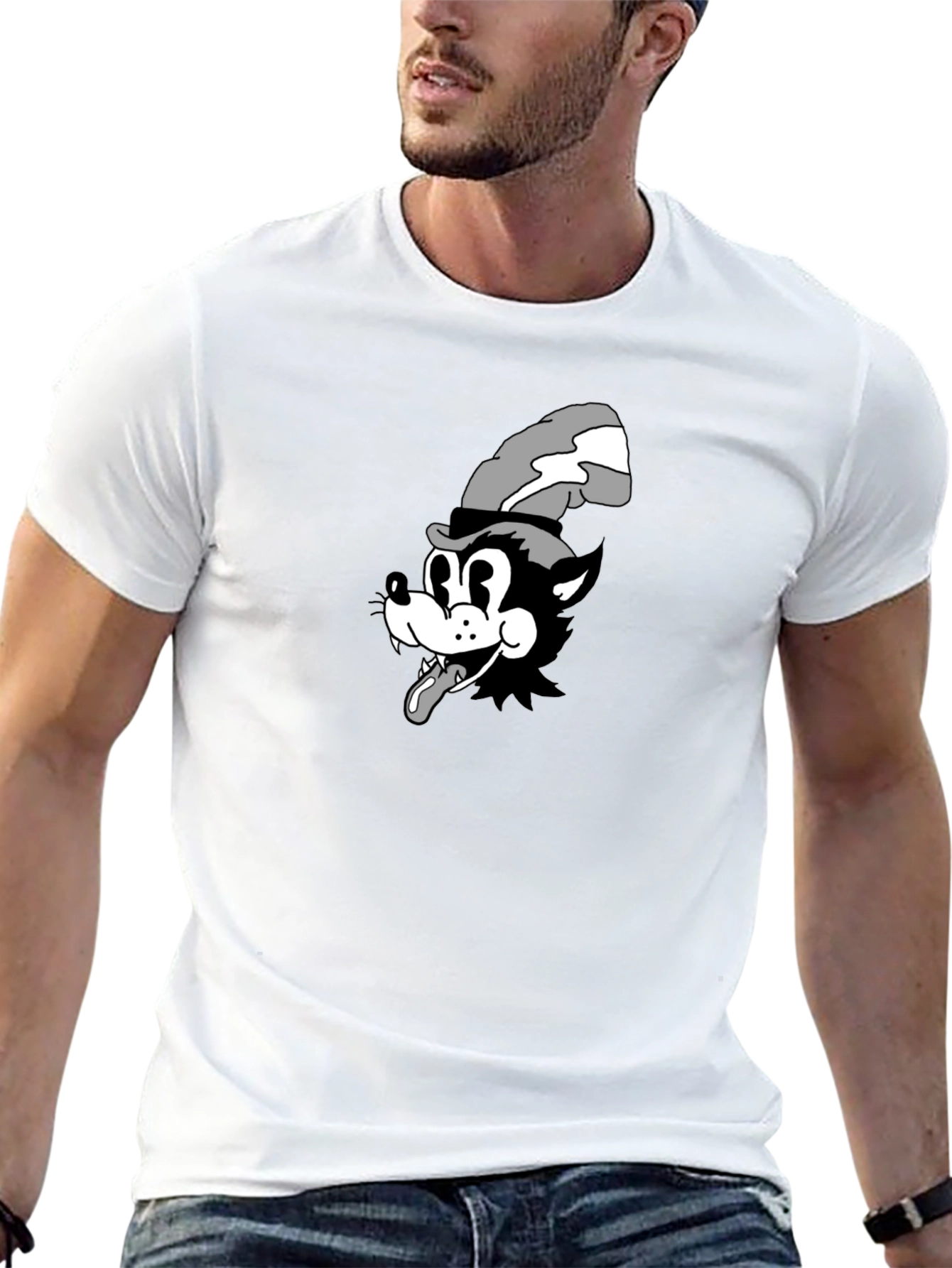 Cartoon Wolf Graphic Tee - Black Cotton T-Shirt