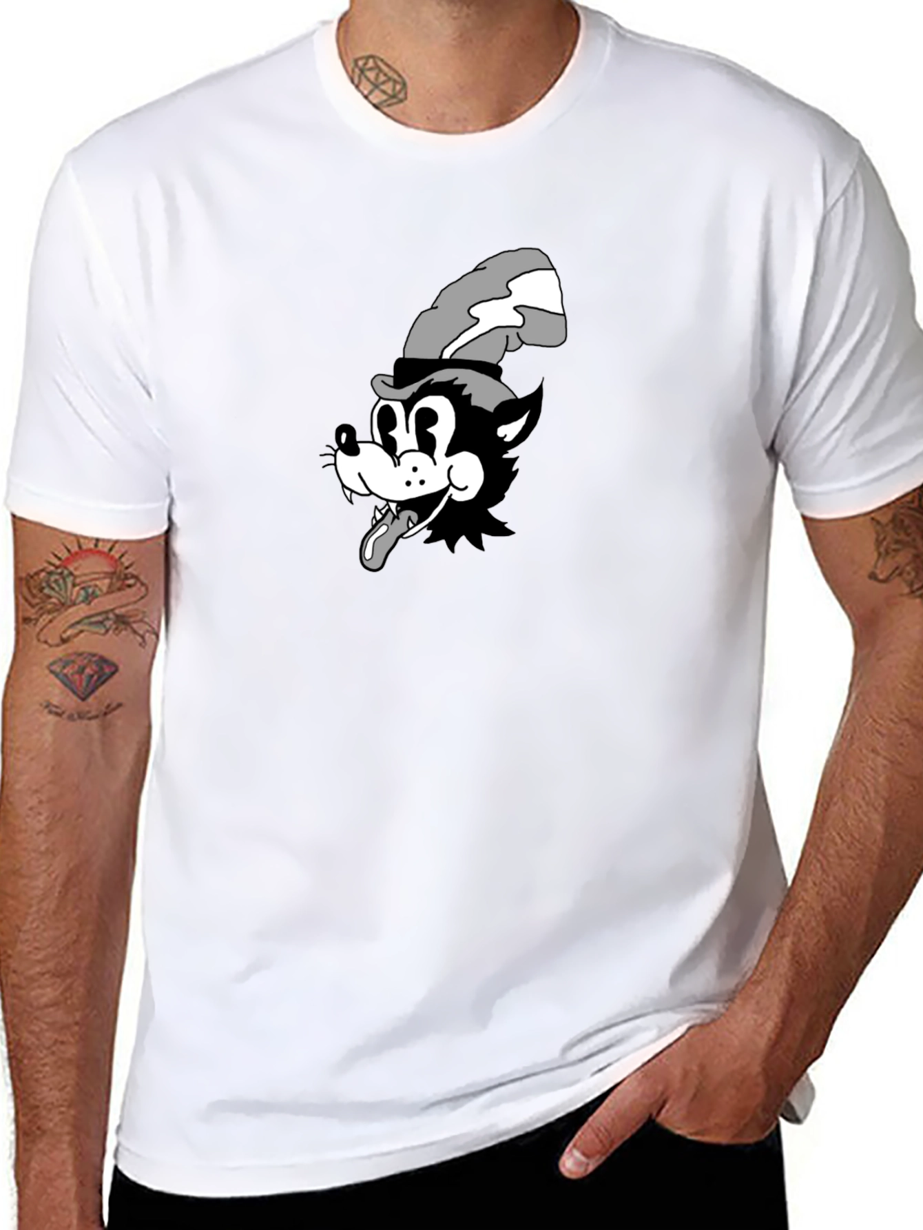 Cartoon Wolf Graphic Tee - Black Cotton T-Shirt