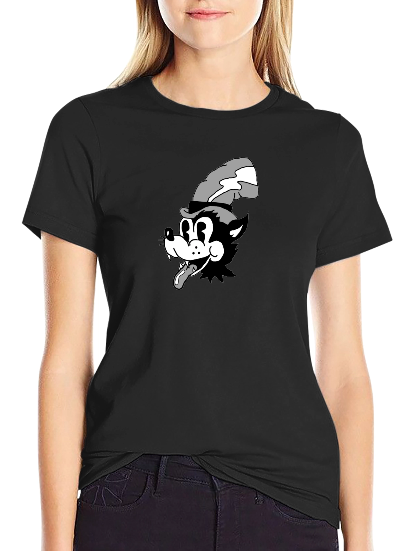 Cartoon Wolf Graphic Tee - Black Cotton T-Shirt