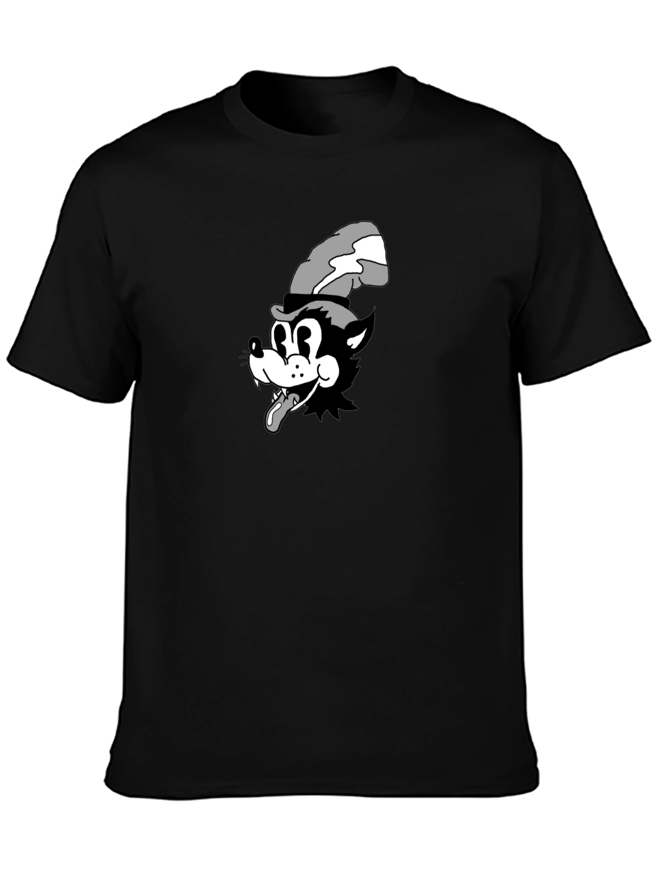 Cartoon Wolf Graphic Tee - Black Cotton T-Shirt