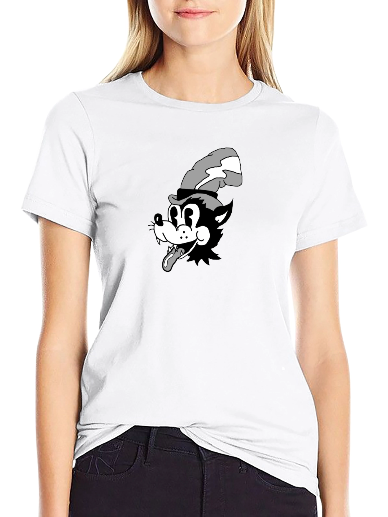 Cartoon Wolf Graphic Tee - Black Cotton T-Shirt