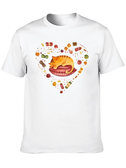 Knitting Cat Heart Graphic Tee - Black