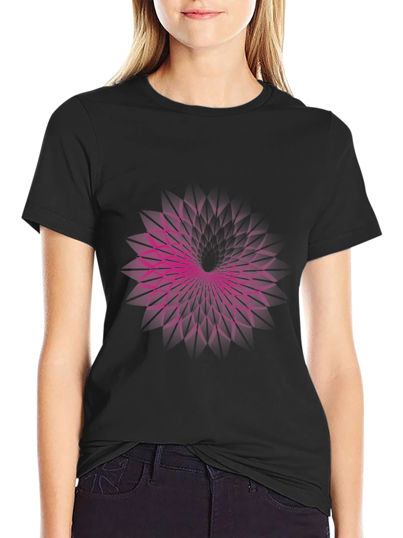 Geometric Purple Vortex Graphic Black T-Shirt