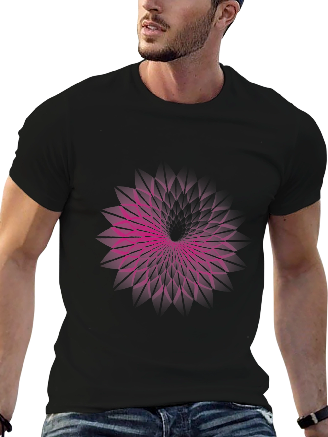Geometric Purple Vortex Graphic Black T-Shirt