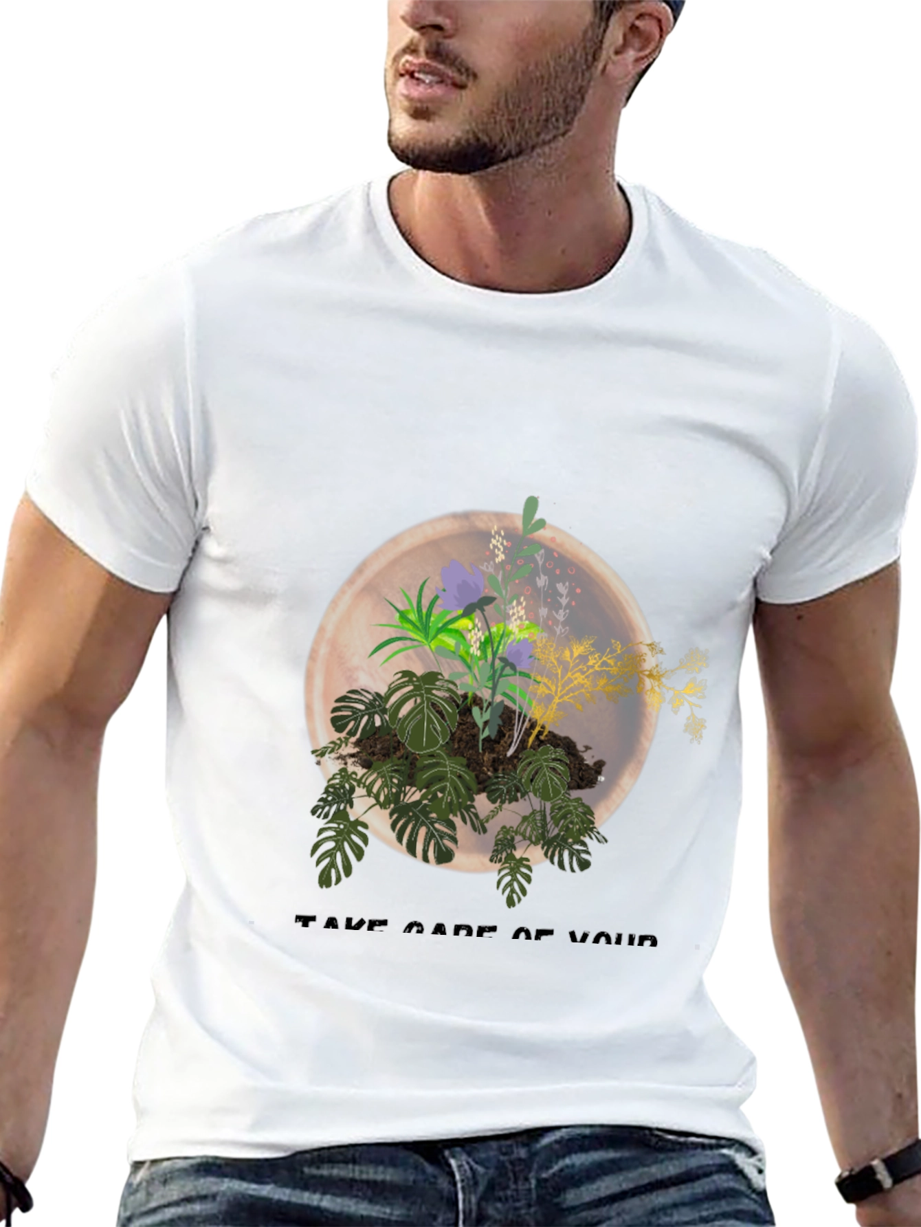 Black Tee with Plant Terrarium Graphic Design