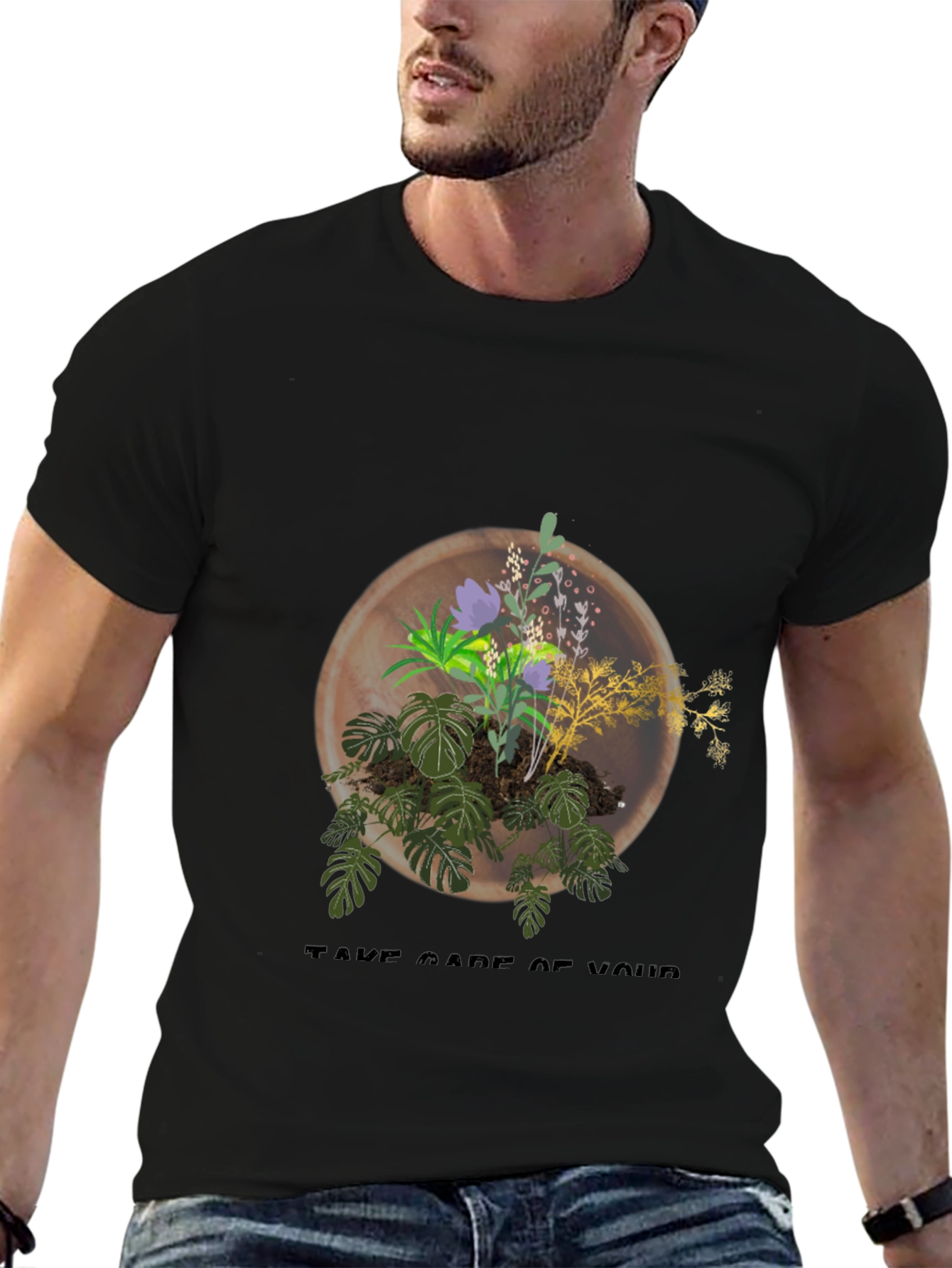 Black Tee with Plant Terrarium Graphic Design