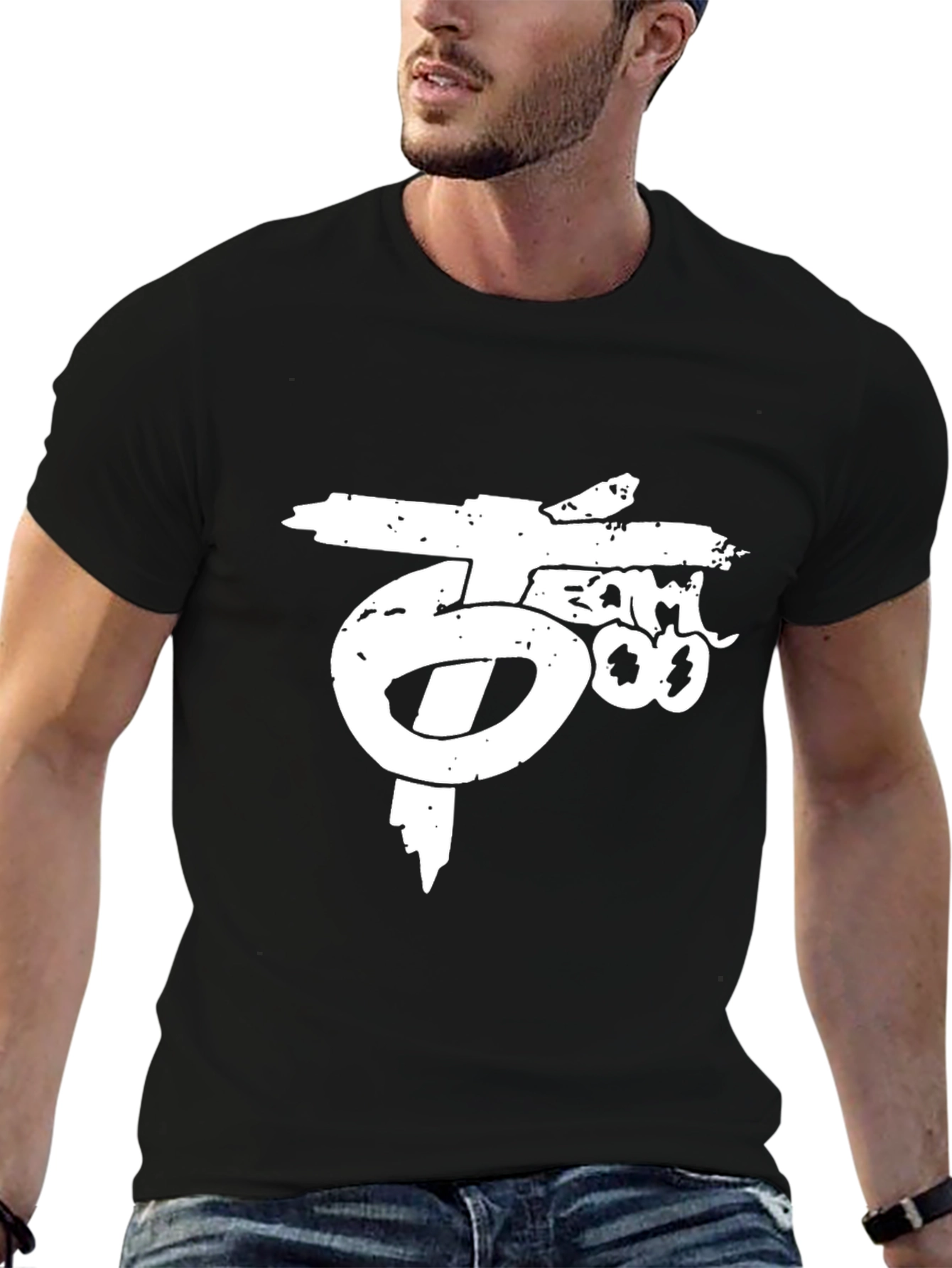 Distressed Logo Black Cotton T-Shirt