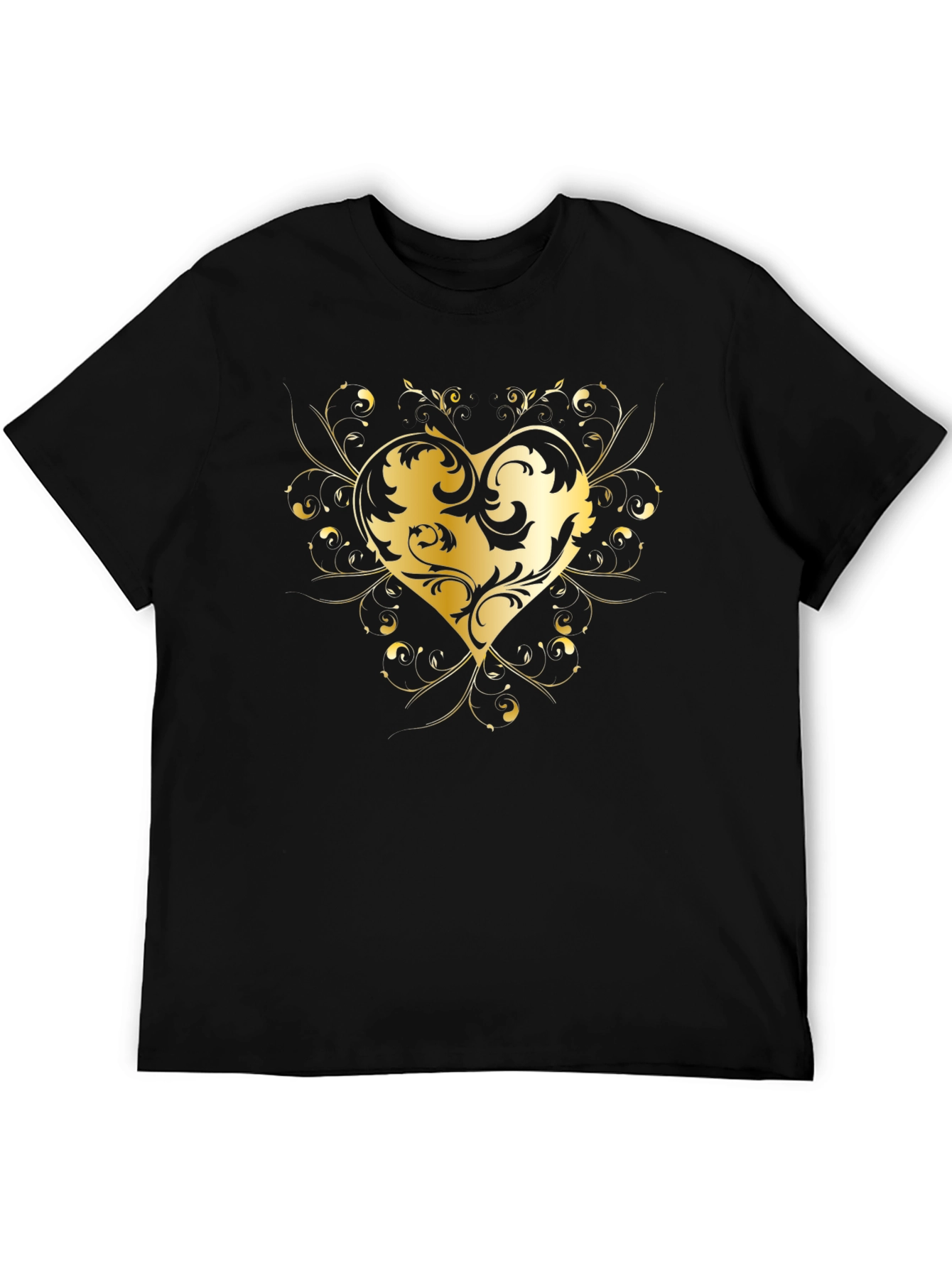 Elegant Golden Heart Graphic Black T-Shirt