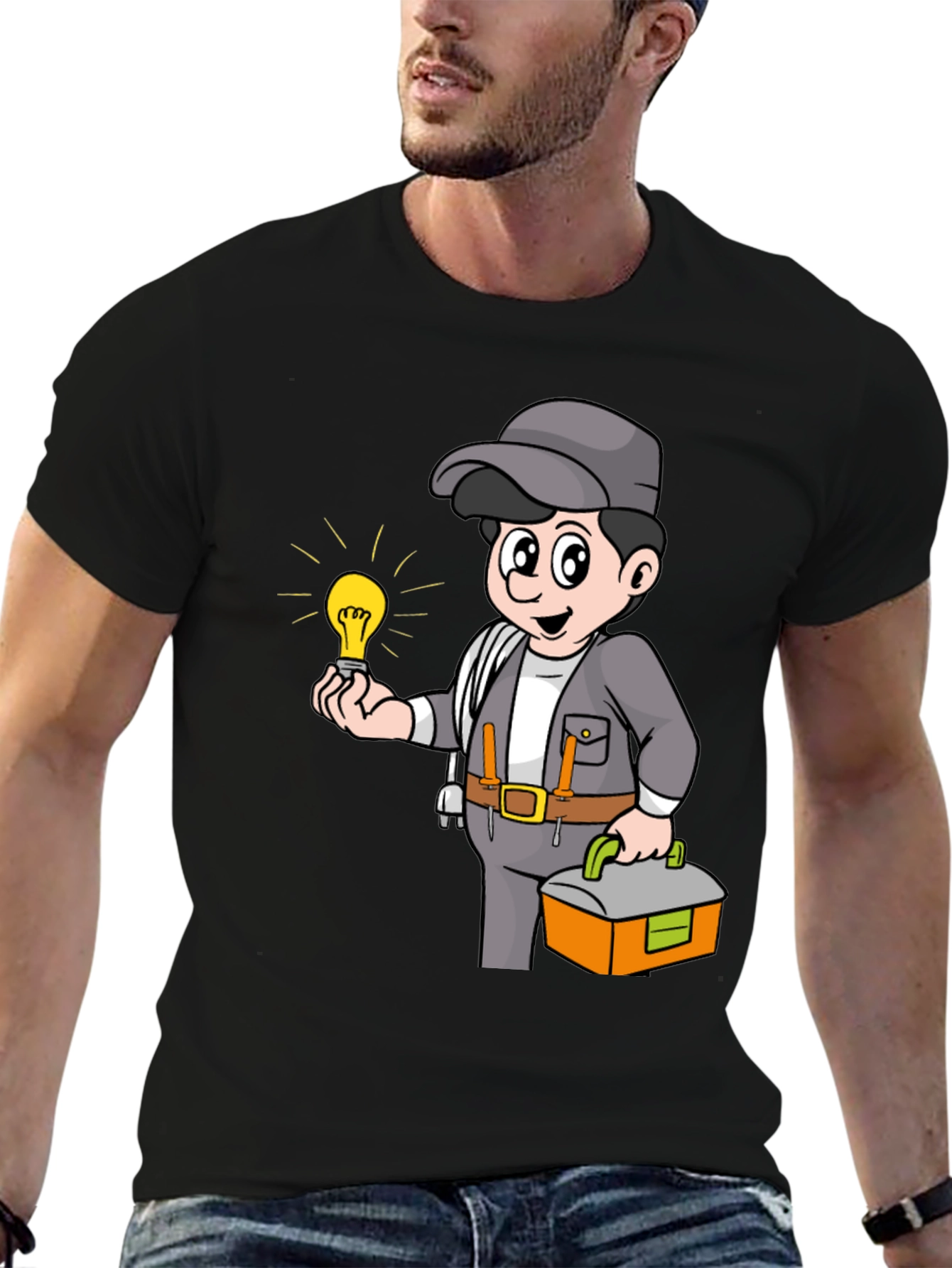 Electrician Cartoon Graphic Tee - Black