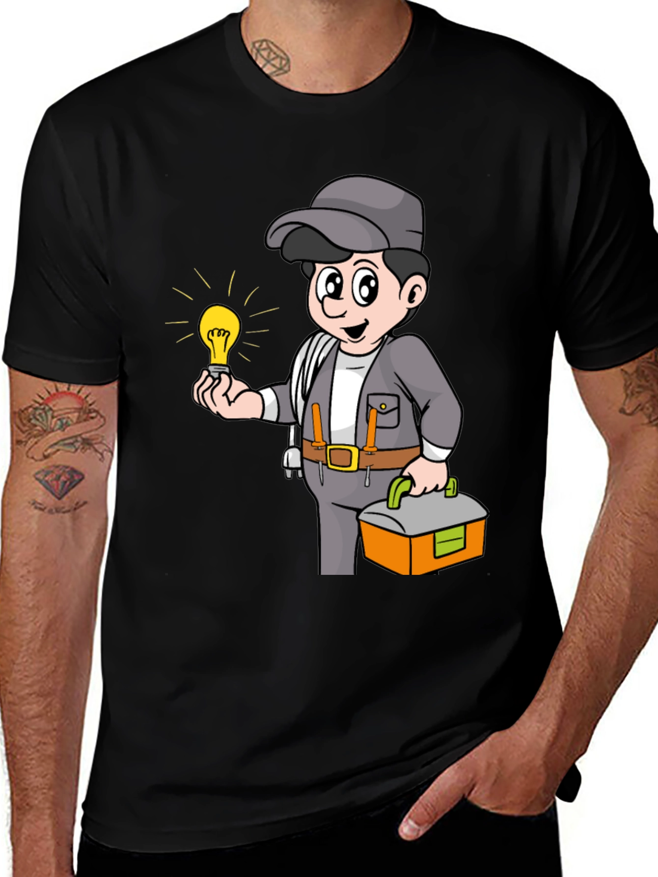 Electrician Cartoon Graphic Tee - Black