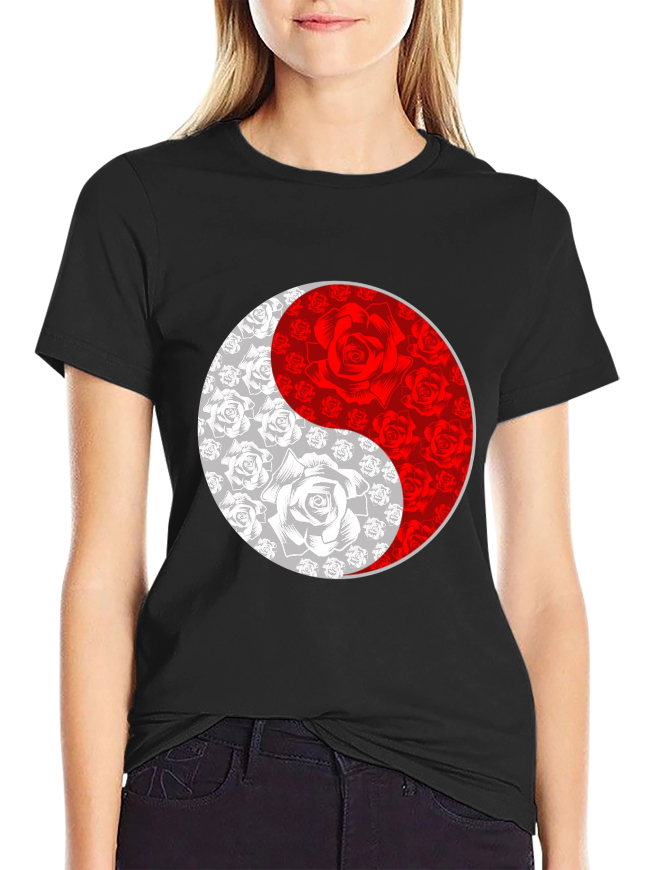 Yin Yang Rose Graphic Tee - Black T-Shirt