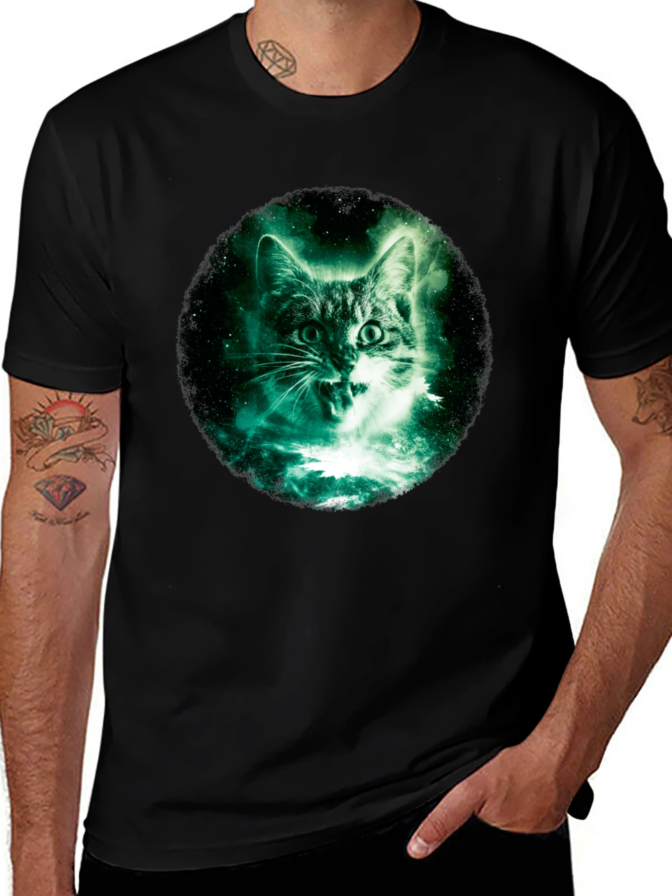 Galaxy Cat Graphic Print Black T-Shirt