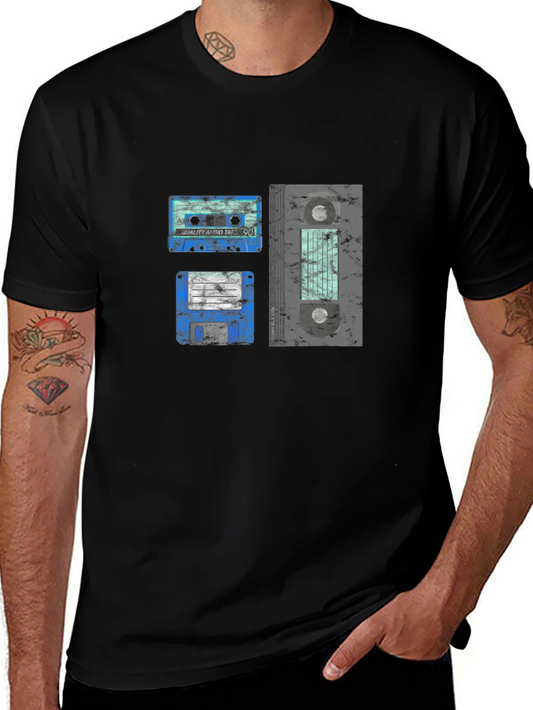 Retro Media Black T-Shirt - Cassette Floppy Disk VHS Design