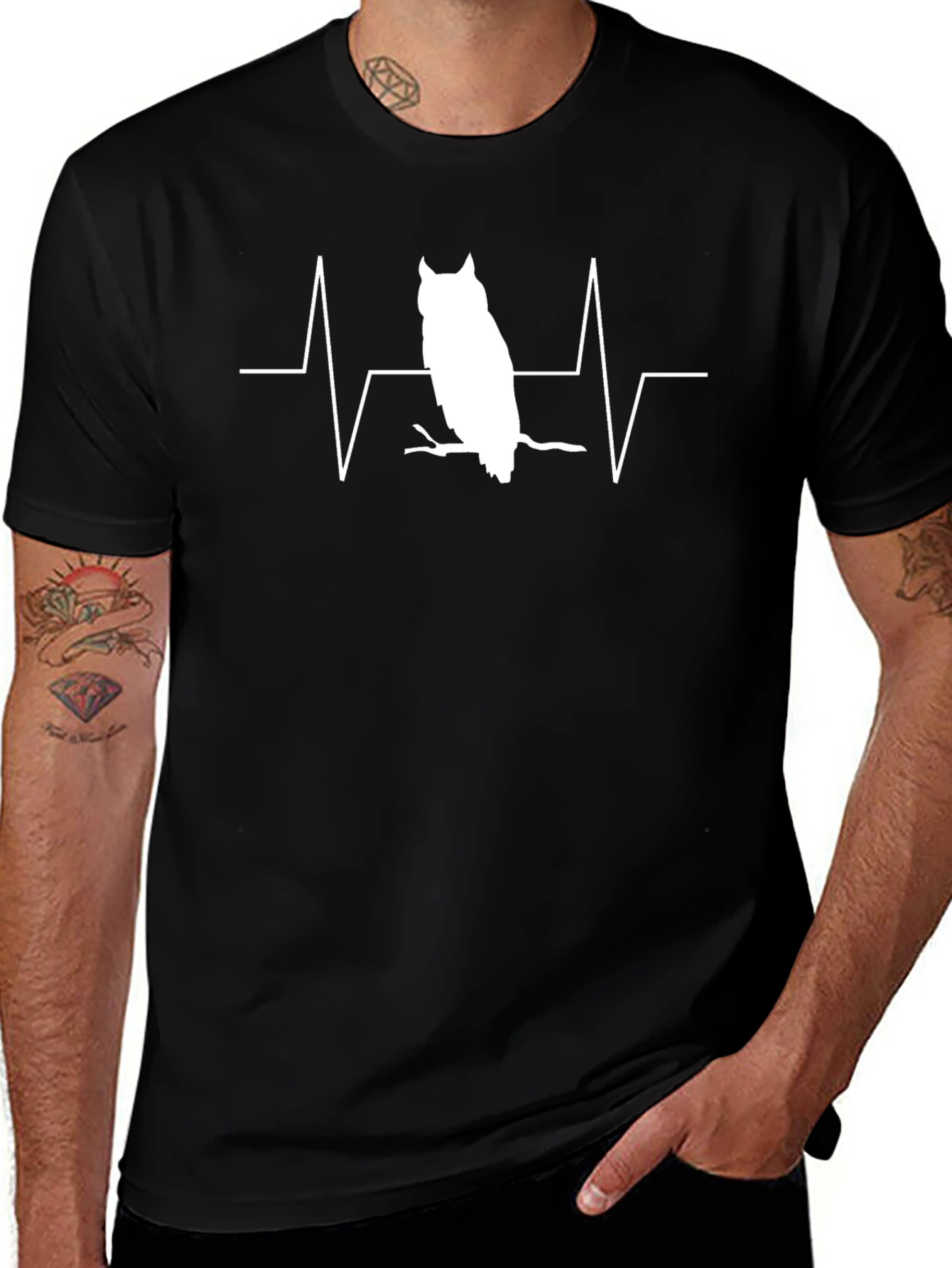 Owl Heartbeat Graphic T-Shirt - Black