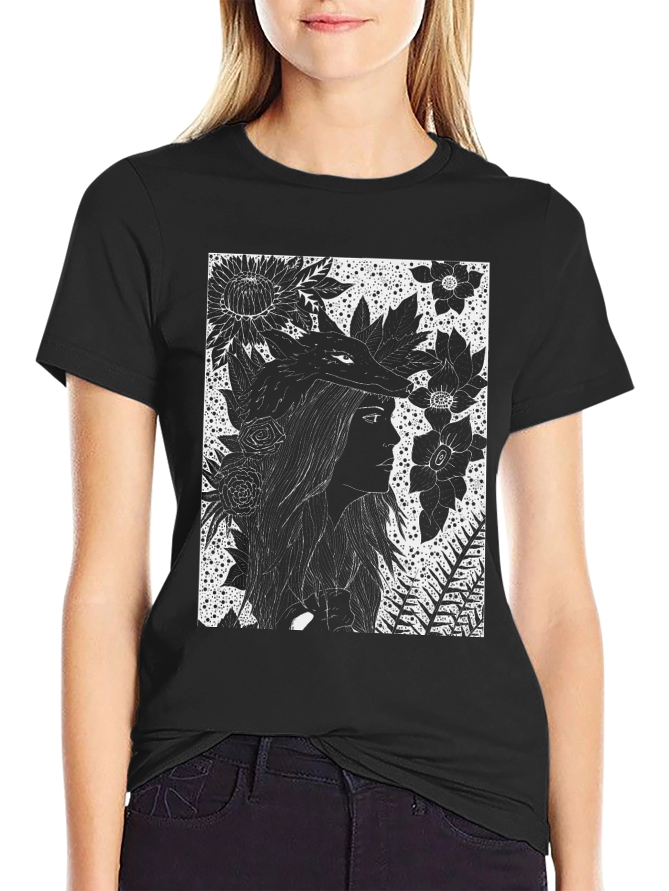 Black Floral Wolf Graphic Tee