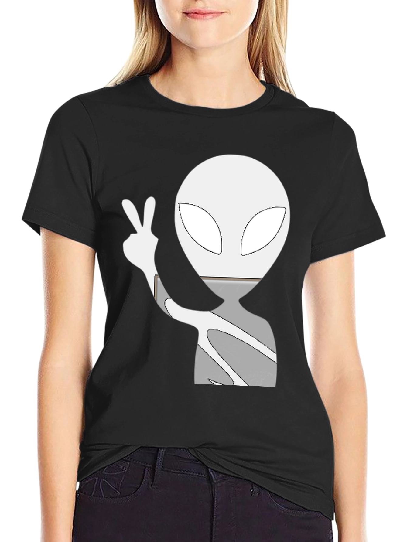 Cool Alien Peace Sign Graphic Tee - Black