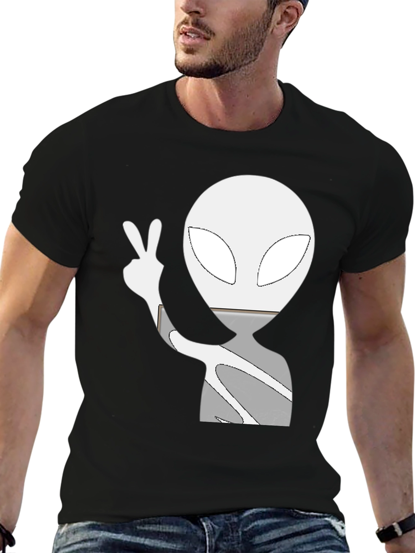 Cool Alien Peace Sign Graphic Tee - Black