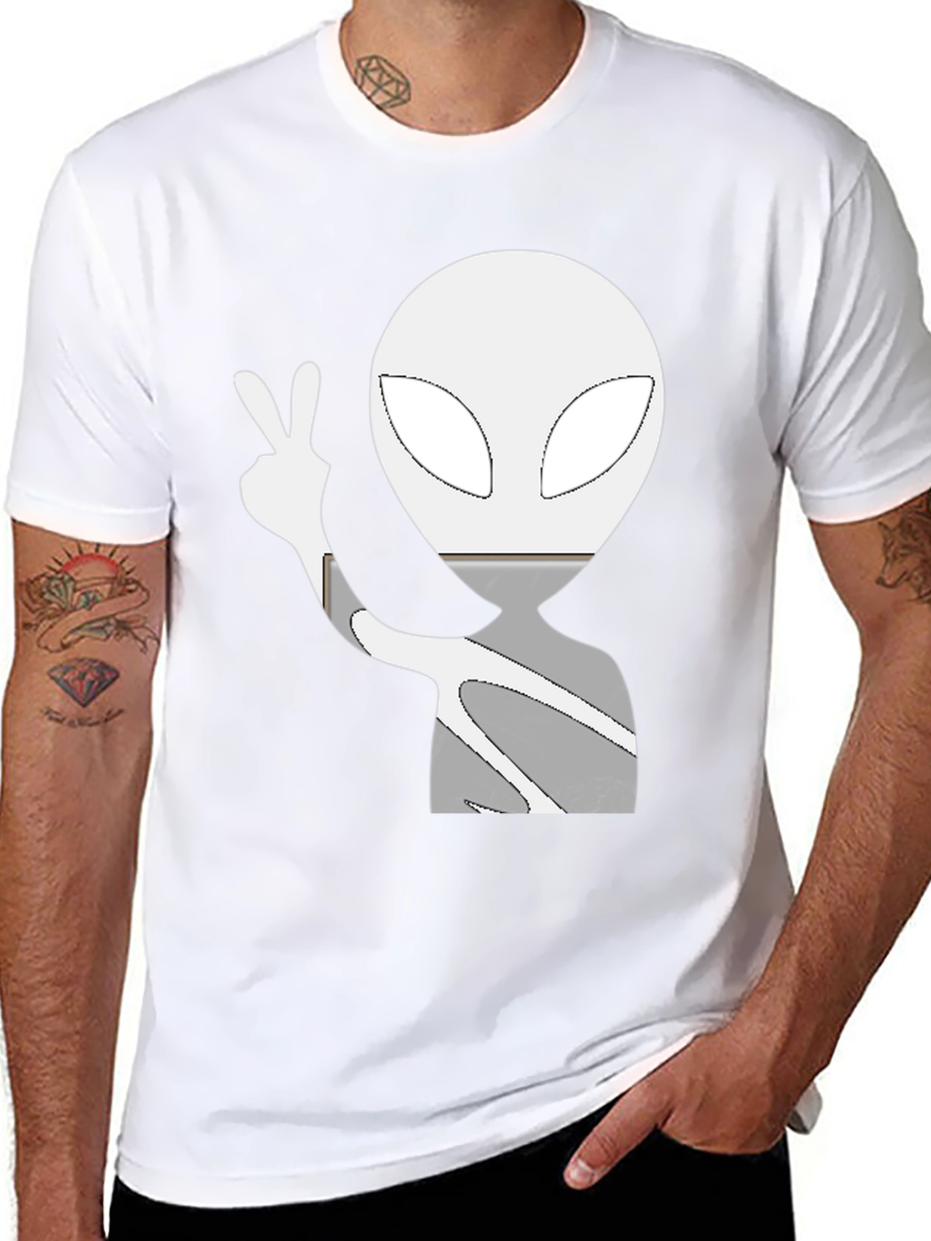 Cool Alien Peace Sign Graphic Tee - Black