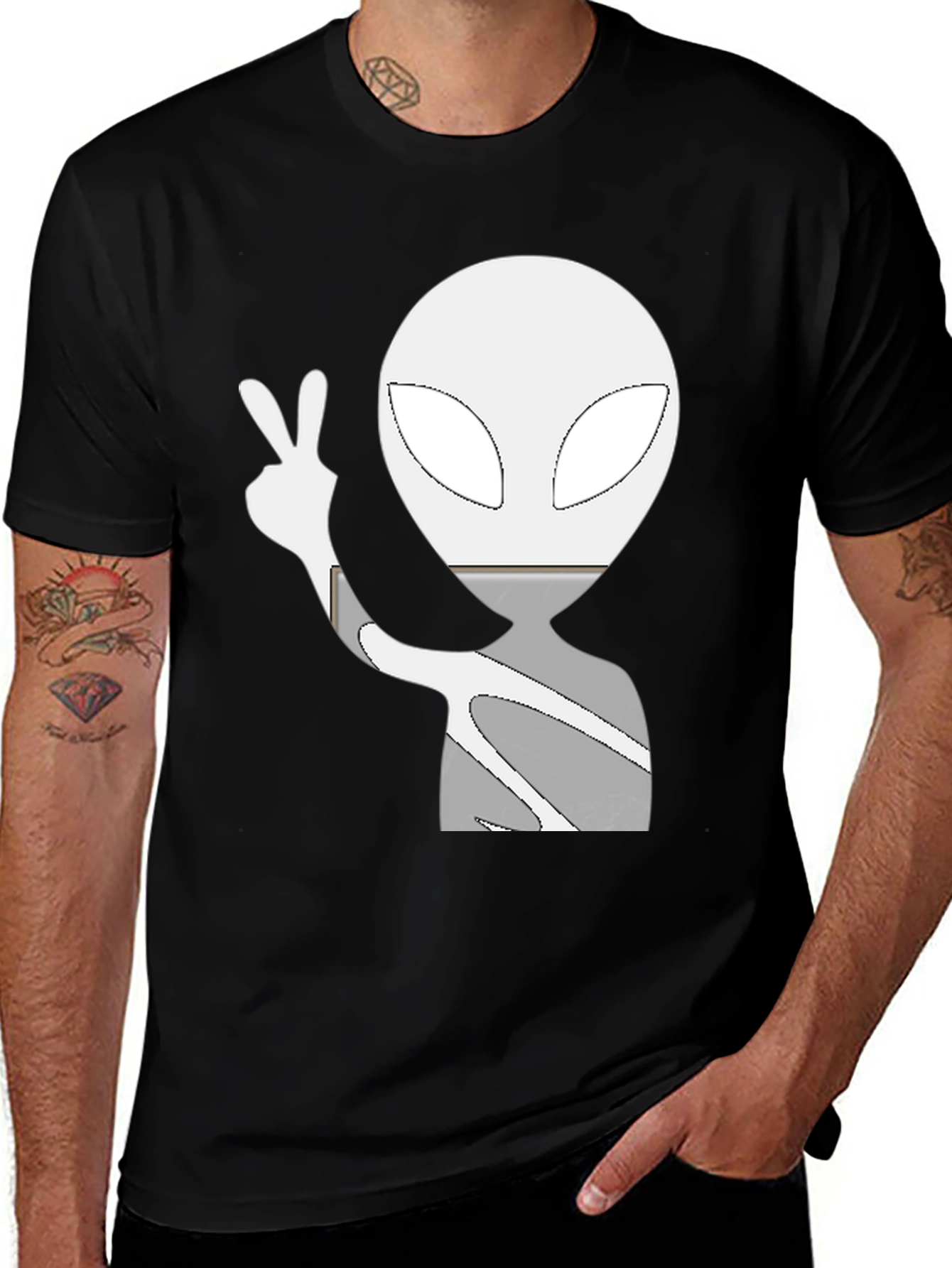 Cool Alien Peace Sign Graphic Tee - Black