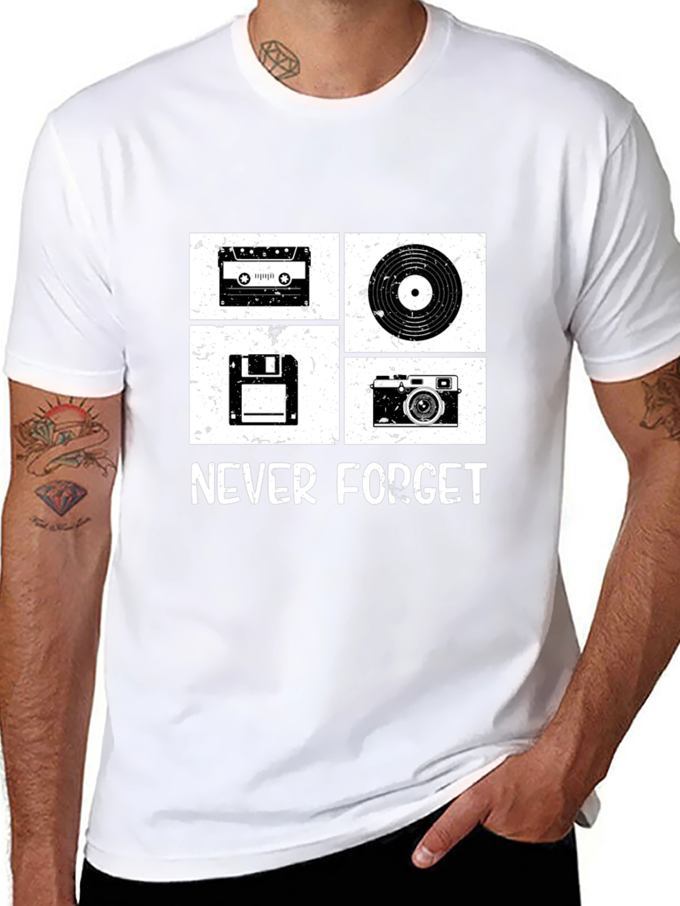 Retro Tech T-Shirt - Cassette Vinyl Floppy Disk Camera